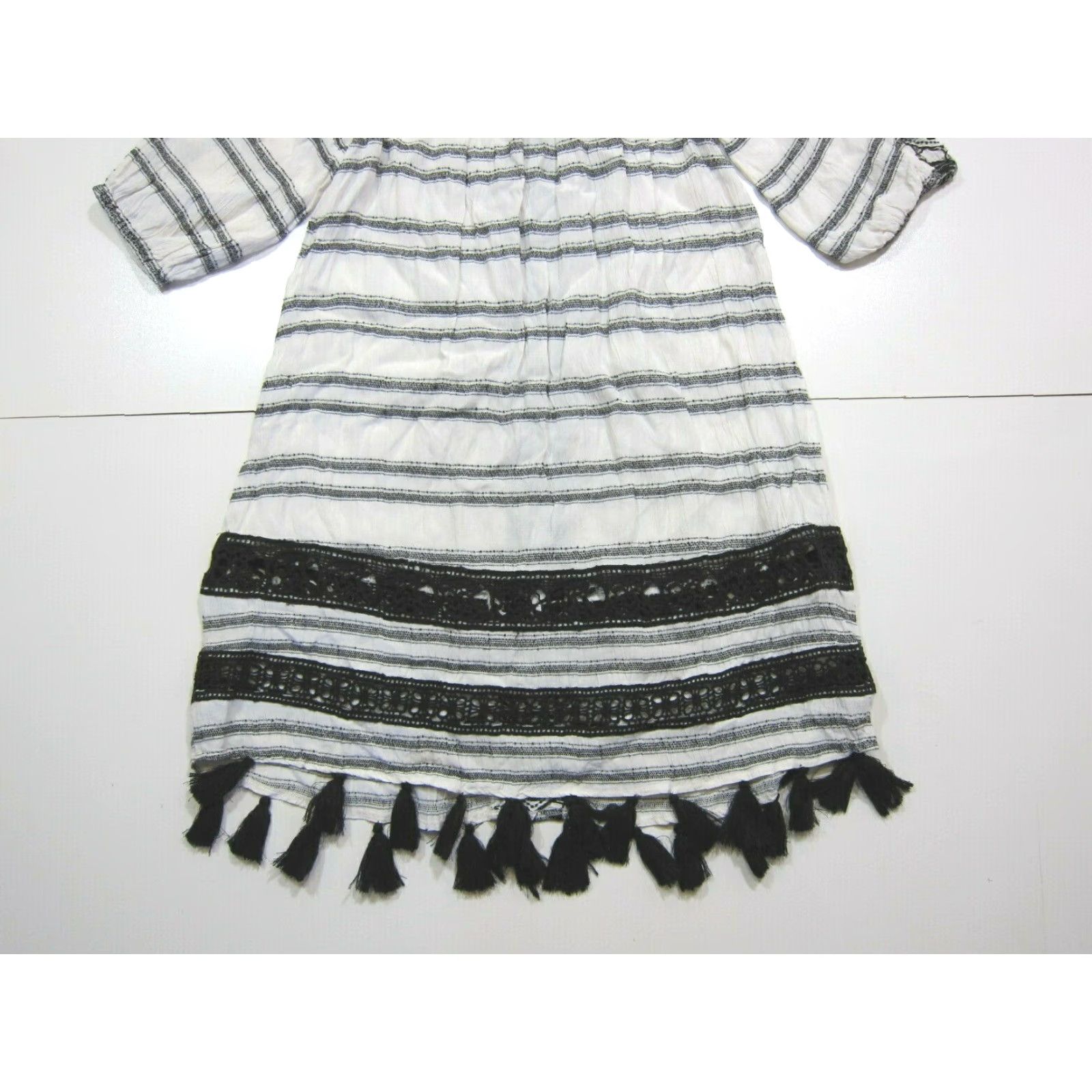 Vintage Muche Muchette 100% Rayon Black White Stripe Fringe Boho Tunic Dress Women M/L Size M / US 6-8 / IT 42-44 - 6 Thumbnail