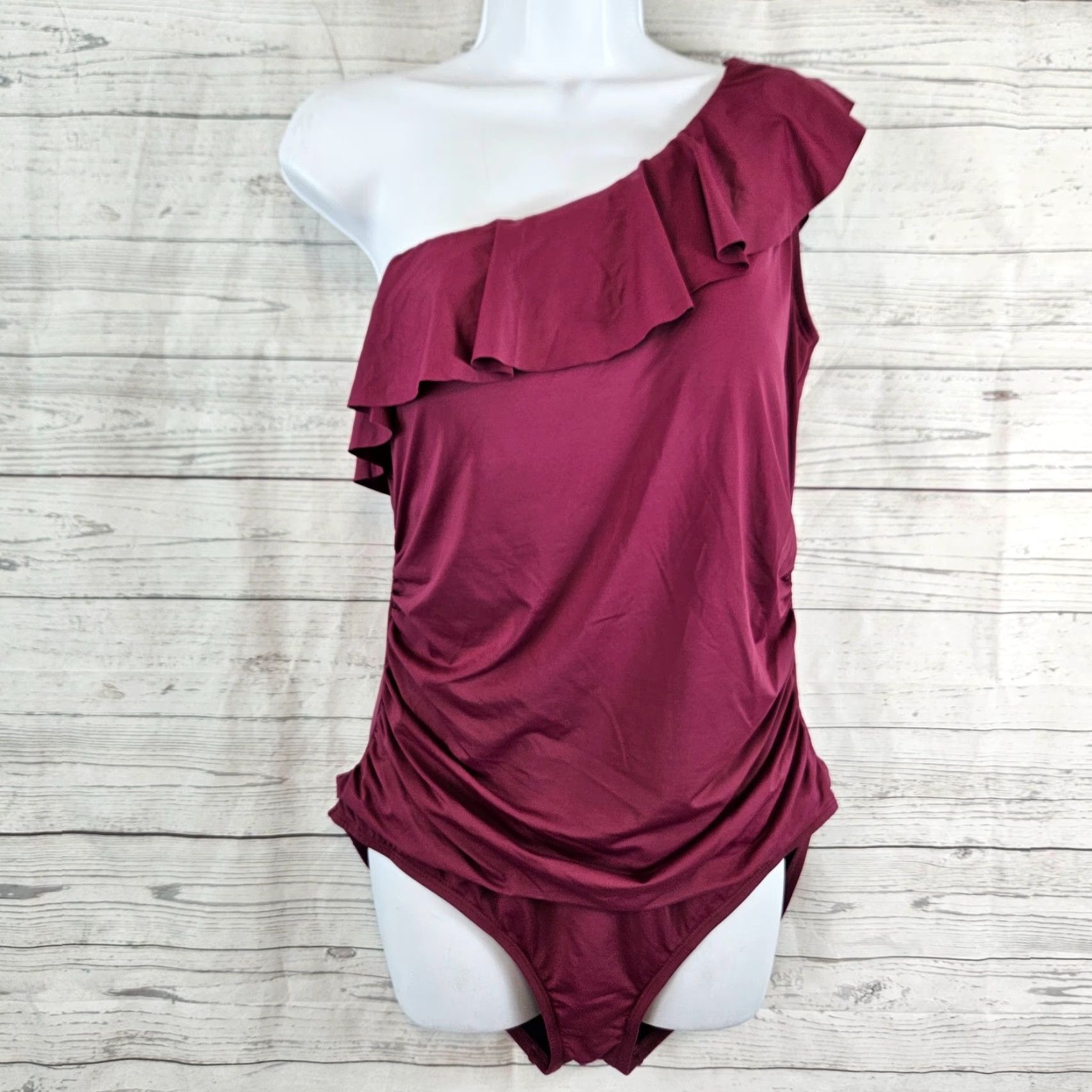 Vintage Hilor Womens One Shoulder Swimsuit Sz 16 Purple Ruched Ruffle One Piece Swimsuit Purple 16 Womens Size ONE SIZE - 2 Thumbnail