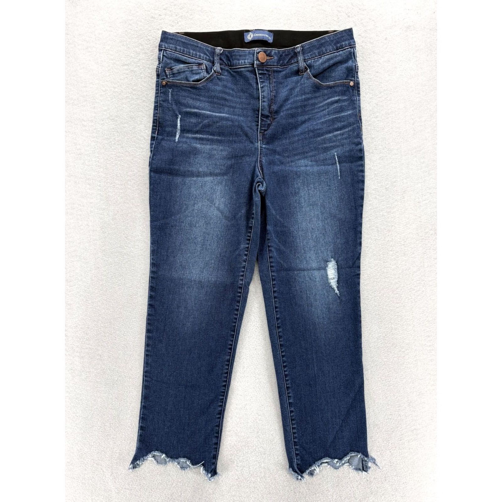 Vintage Democracy Jeans Ankle Womens 12 Blue Wash Distressed Raw Hem Stretch Slim 5-Pocket Size 34" / US 12 / IT 48 - 2 Thumbnail