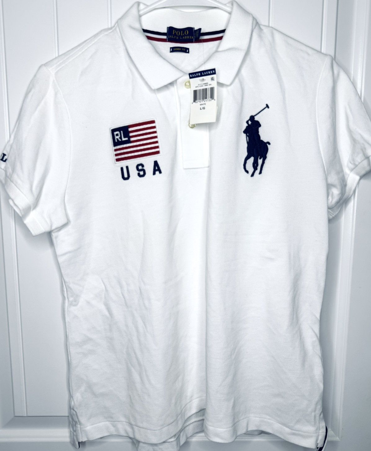 Polo Ralph Lauren Polo by Ralph Lauren White Fitted Polo with Navy & Red Trim Size L / US 10 / IT 46 - 2 Thumbnail