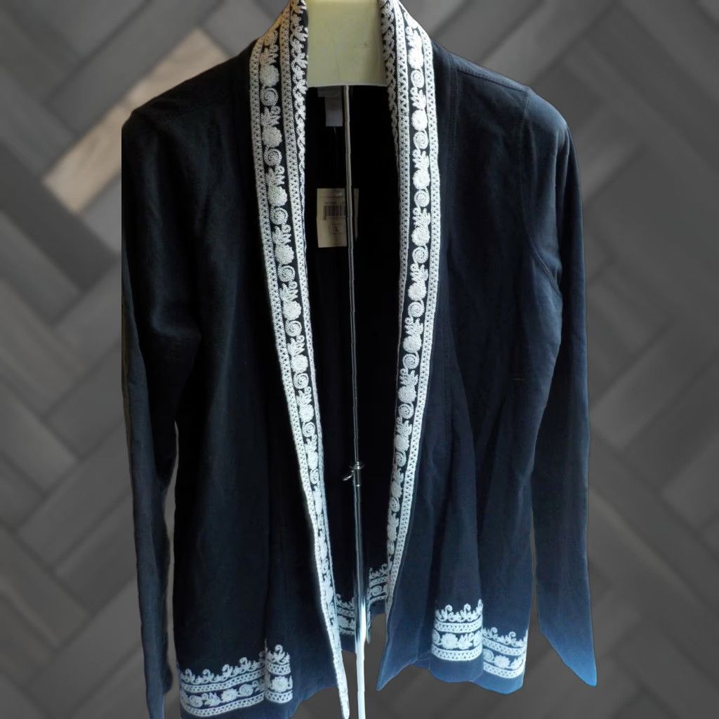 Lucky Brand Lucky Brand Knit Blazer Black with Ivory Embroidered Trim Open Blazer L Womens Knits Size L / US 10 / IT 46 - 1 Thumbnail