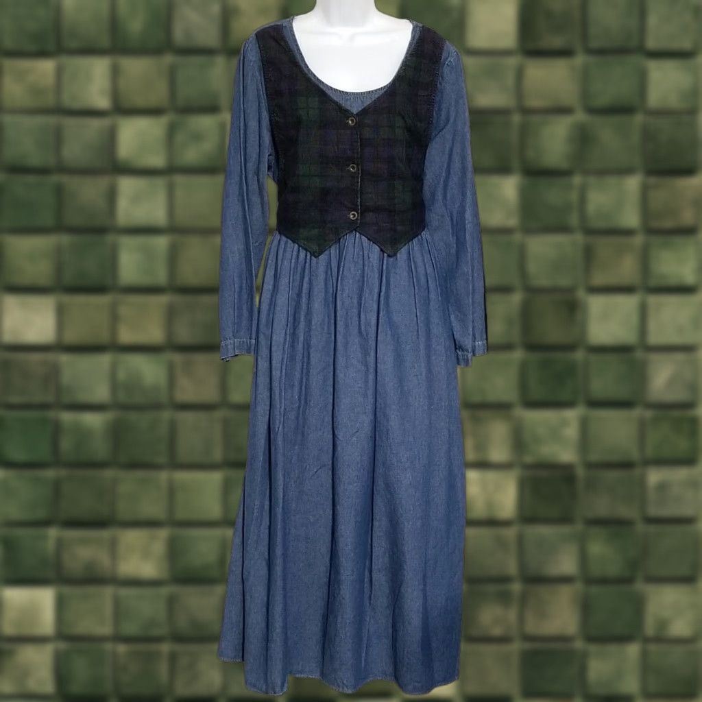 VINTAGE Denim Maxi Dress Size 14 Women Long Sleeve Blue Casual Formal Tie  Back Plaid Corduroy