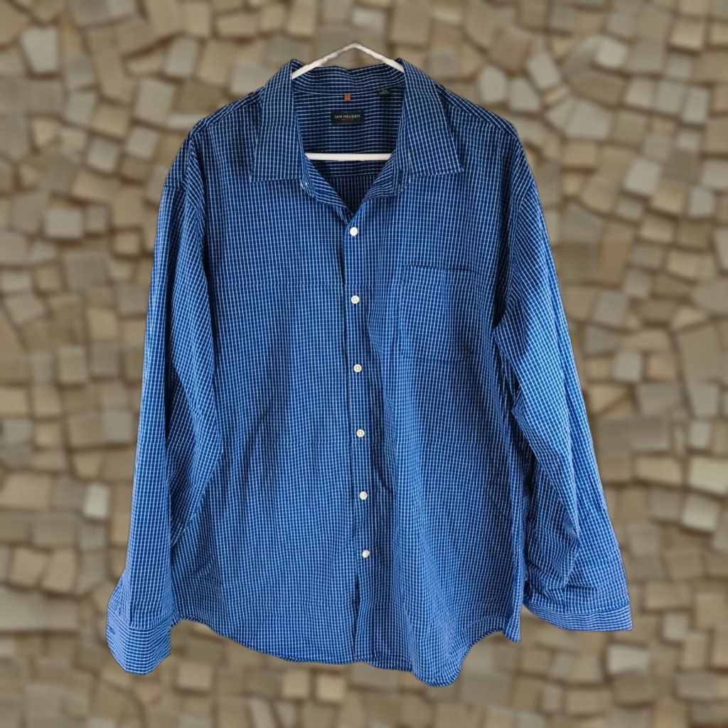 Van Heusen Van Heusen Shirt Men 2XL Blue White Check Long Sleeve Pocket Button Up Size US XXL / EU 58 / 5 - 1 Thumbnail