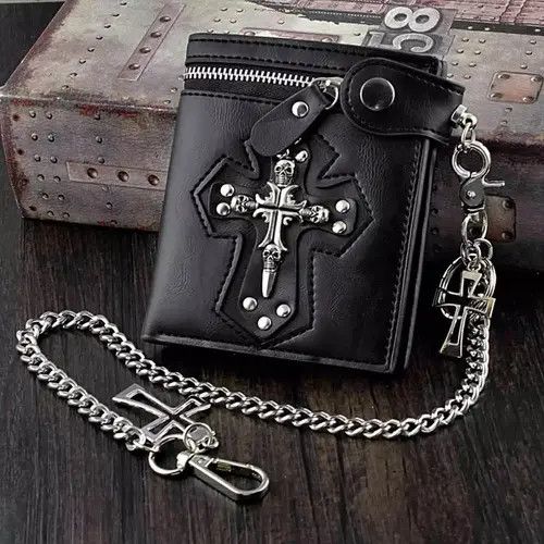 Jewelry Cross Clasp Leather Wallet with Antique Biker Chain Size ONE SIZE - 1 Thumbnail