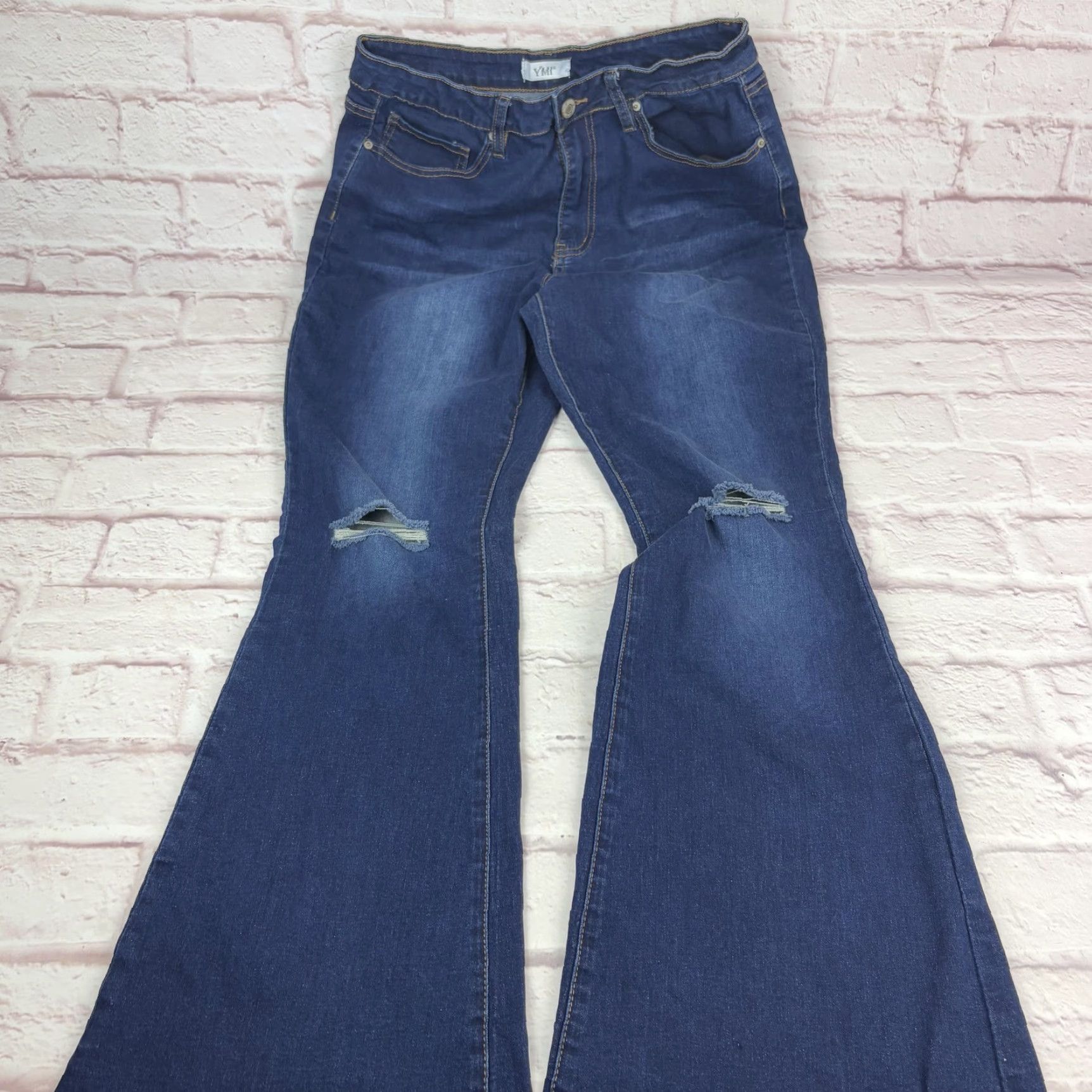 Vintage YMI Jeans Womens Flared Jeans Distressed Knees Raw Hem 13/31 Inseam 33 Blue Denim Stretch Size 34" / US 12 / IT 48 - 2 Thumbnail