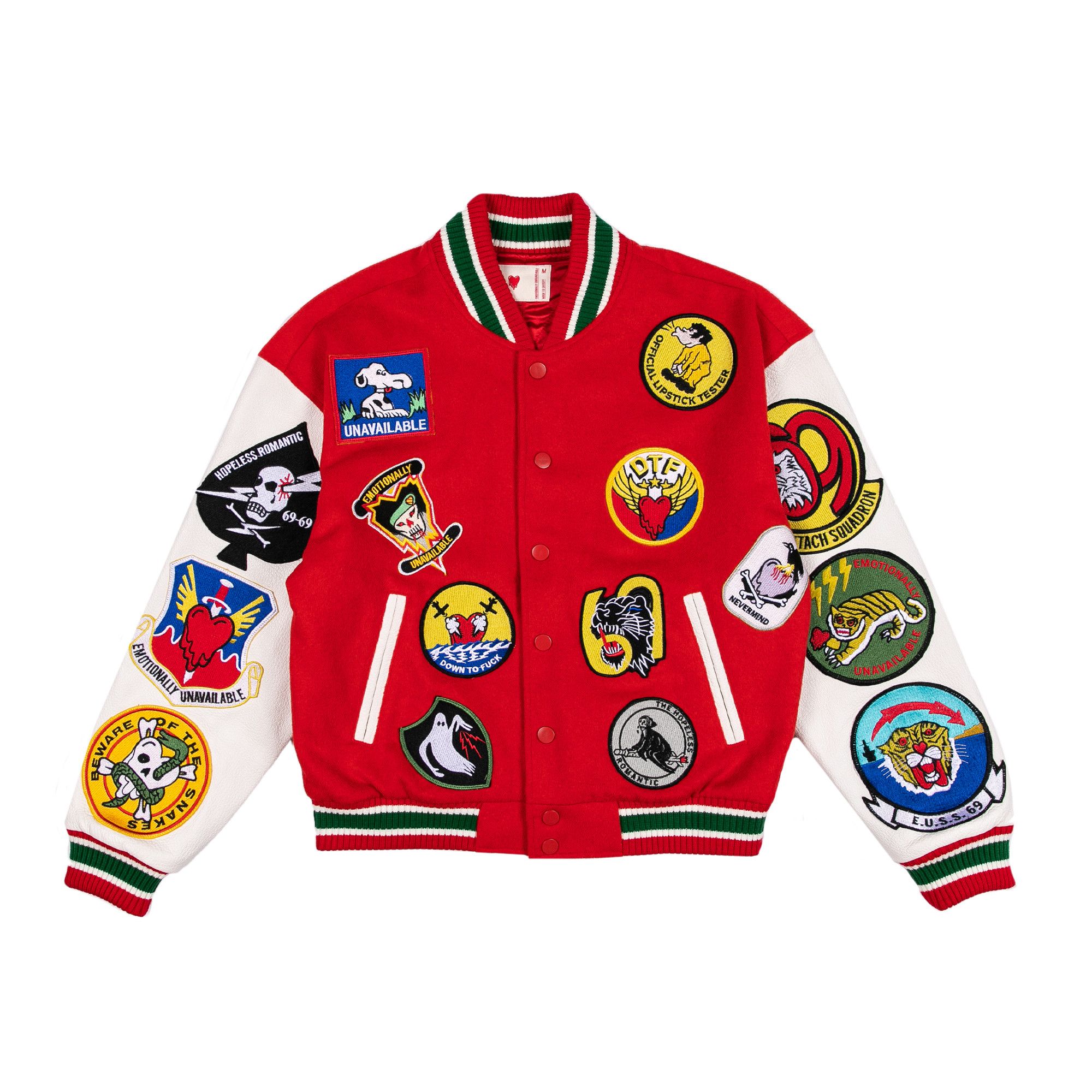 image of Emotionally Unavailable Varsity Patches Jacket in Red/White, Men's (Size Medium)