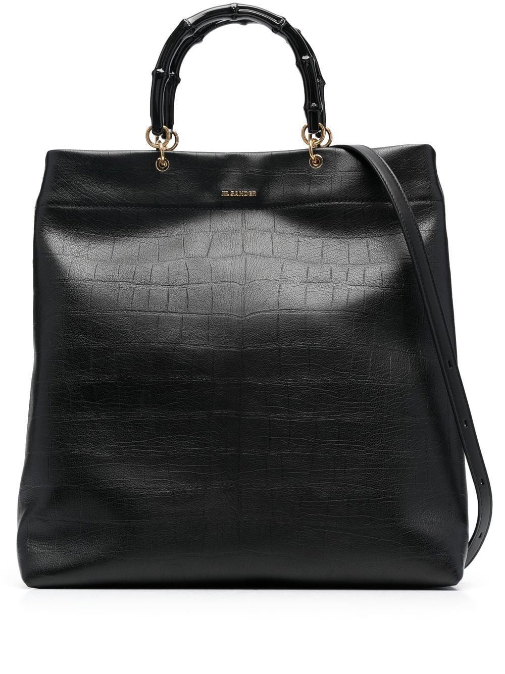 BAMBOO-HANDLE EMBOSSED LEATHER TOTE BAG