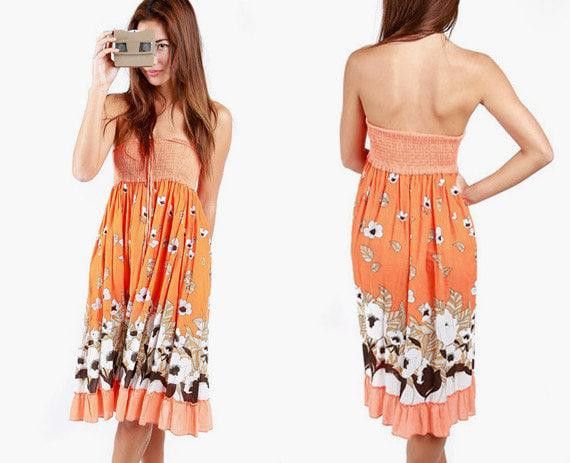 Designer 90s Vintage Floral Orange Summer Dress Japanese flowers Size M / US 6-8 / IT 42-44 - 1 Thumbnail