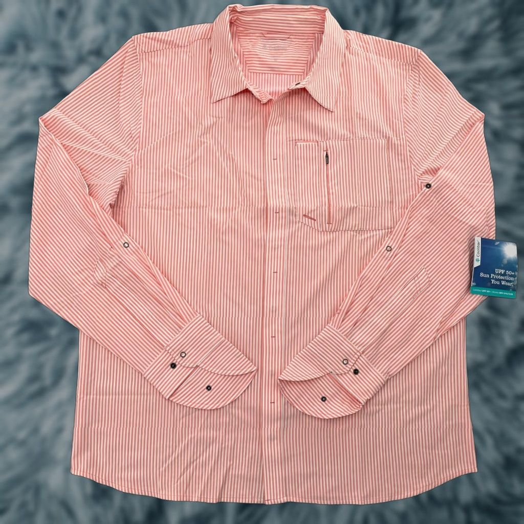 Coolibar Shirt Adult XL Pink White Button Up Long Sleeve UPF 50+ Mens Casual Beach 50+ UV Protection