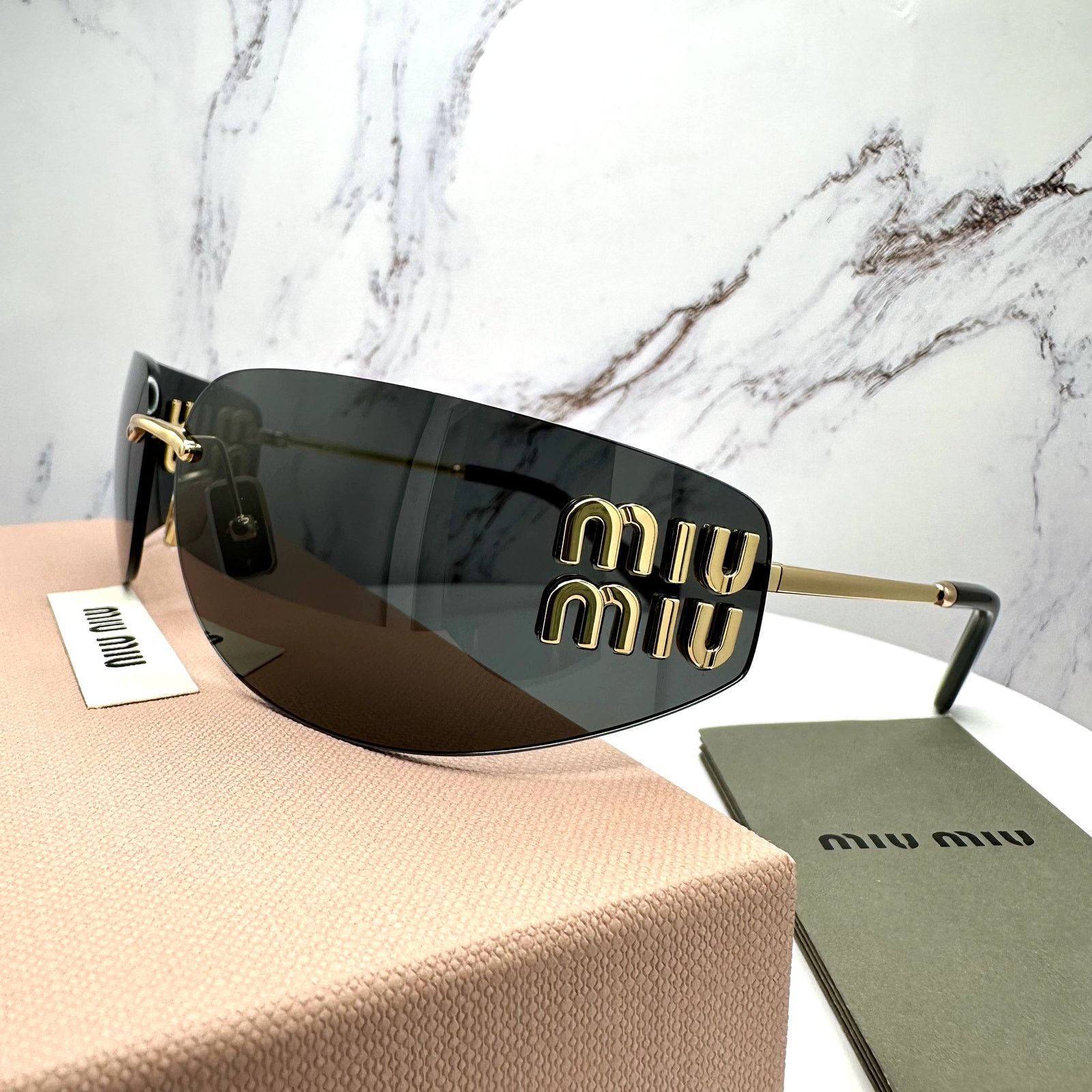 Miu Miu New MIU MIU Sunglasses Gold Dark Gray Lens Runway Wrap Size ONE SIZE - 4 Thumbnail