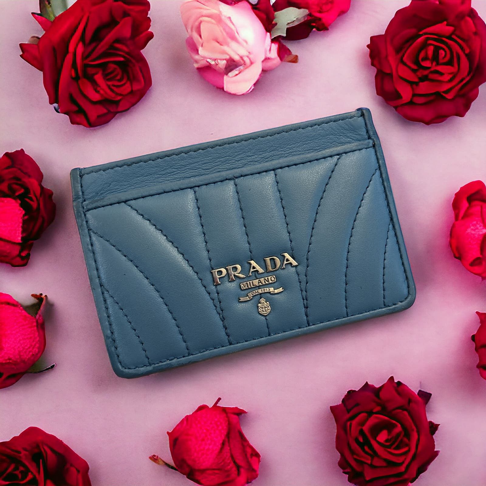image of Prada Soft Calfskin Impunture Diagramme Card Holder Wallet in Blue, Women's