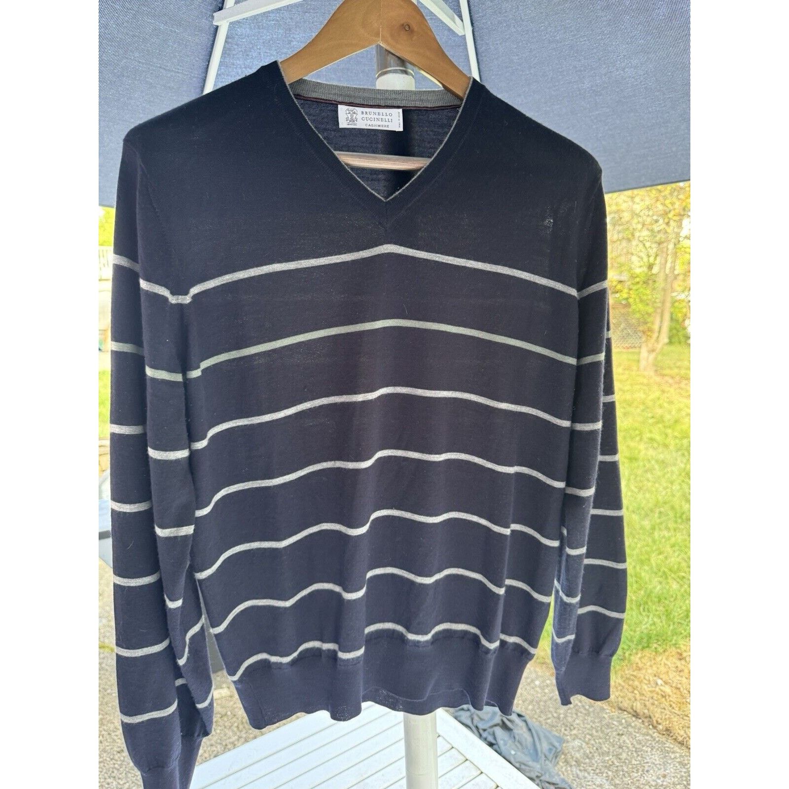 Brunello Cucinelli Brunello Cucinelli Cashmere Wool Navy Stripe Sweater 50/M Size US M / EU 48-50 / 2 - 1 Thumbnail