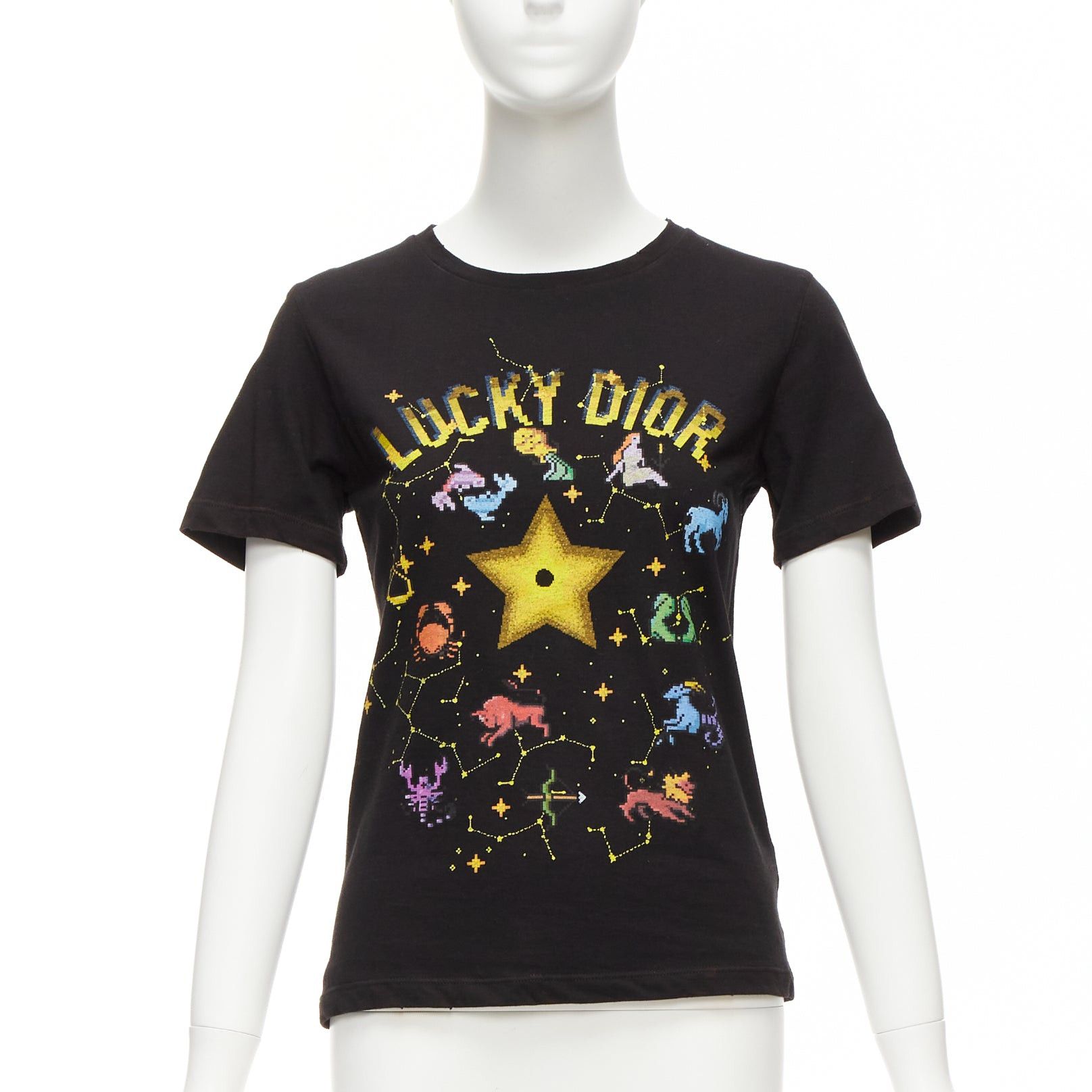 image of Dior Lucky Dior Yellow Logo Astrology Star Bee Print Crew Neck Tshirt Xs in Black, Women's (Size Sm