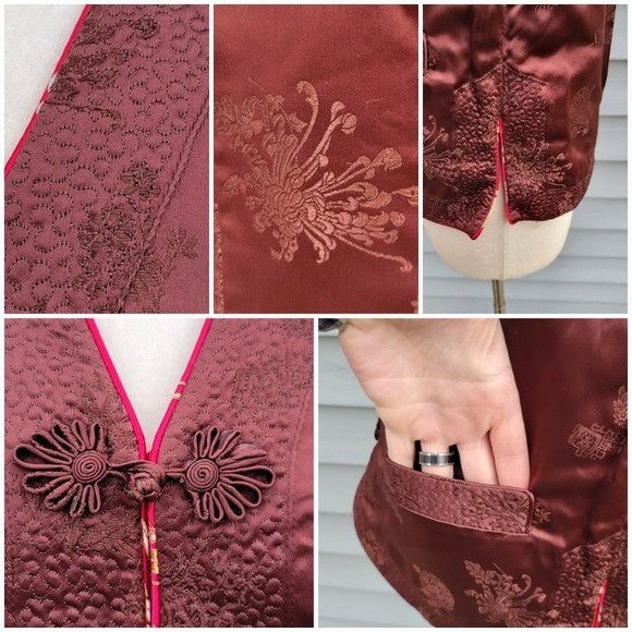 Vintage 100% Silk Cheongsam Qipao Reversible Red Burgundy Floral Ori Size M / US 6-8 / IT 42-44 - 8 Thumbnail