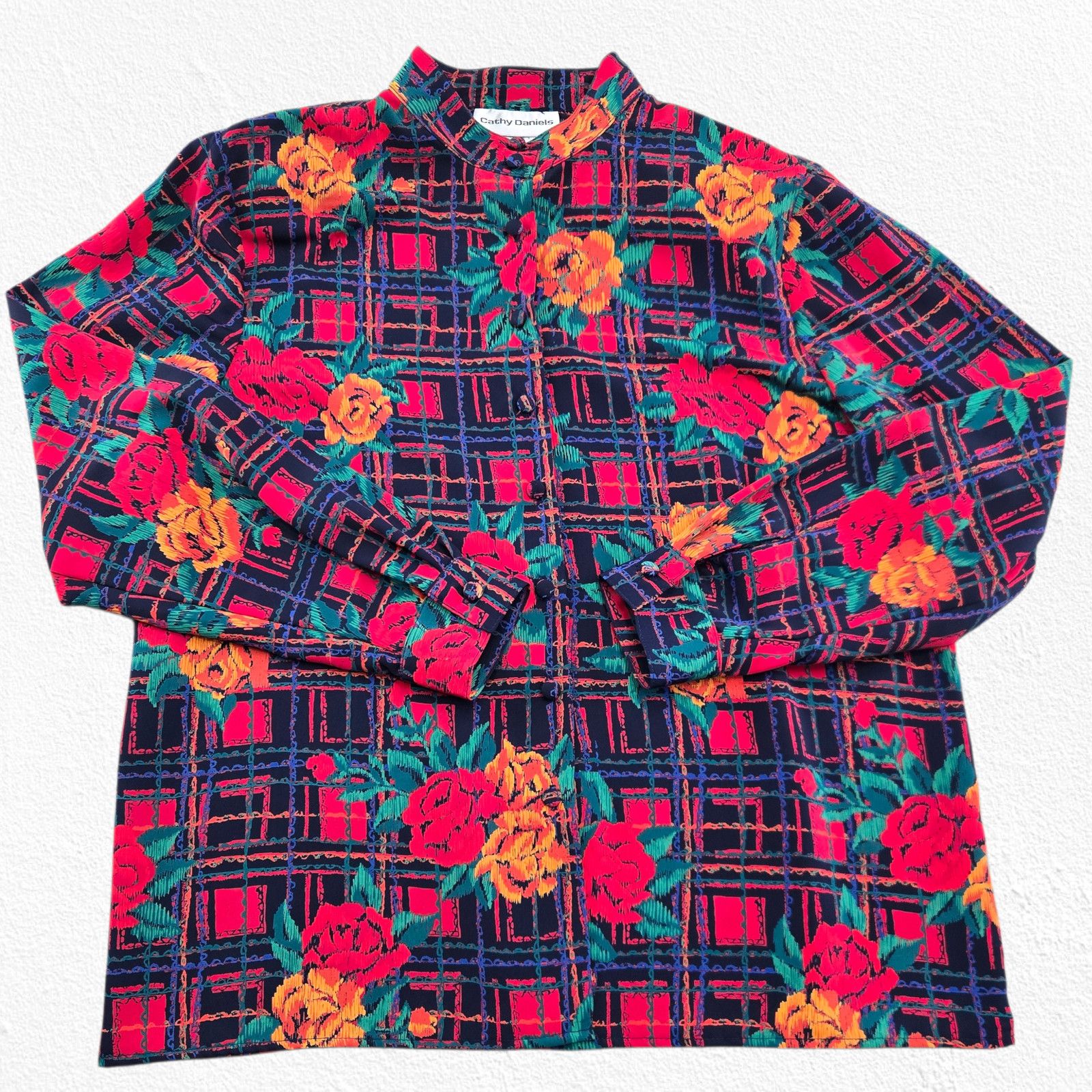 Vintage 80s Floral Plaid Long Sleeve Blouse Size 14 Size XL / US 12-14 / IT 48-50 - 2 Thumbnail