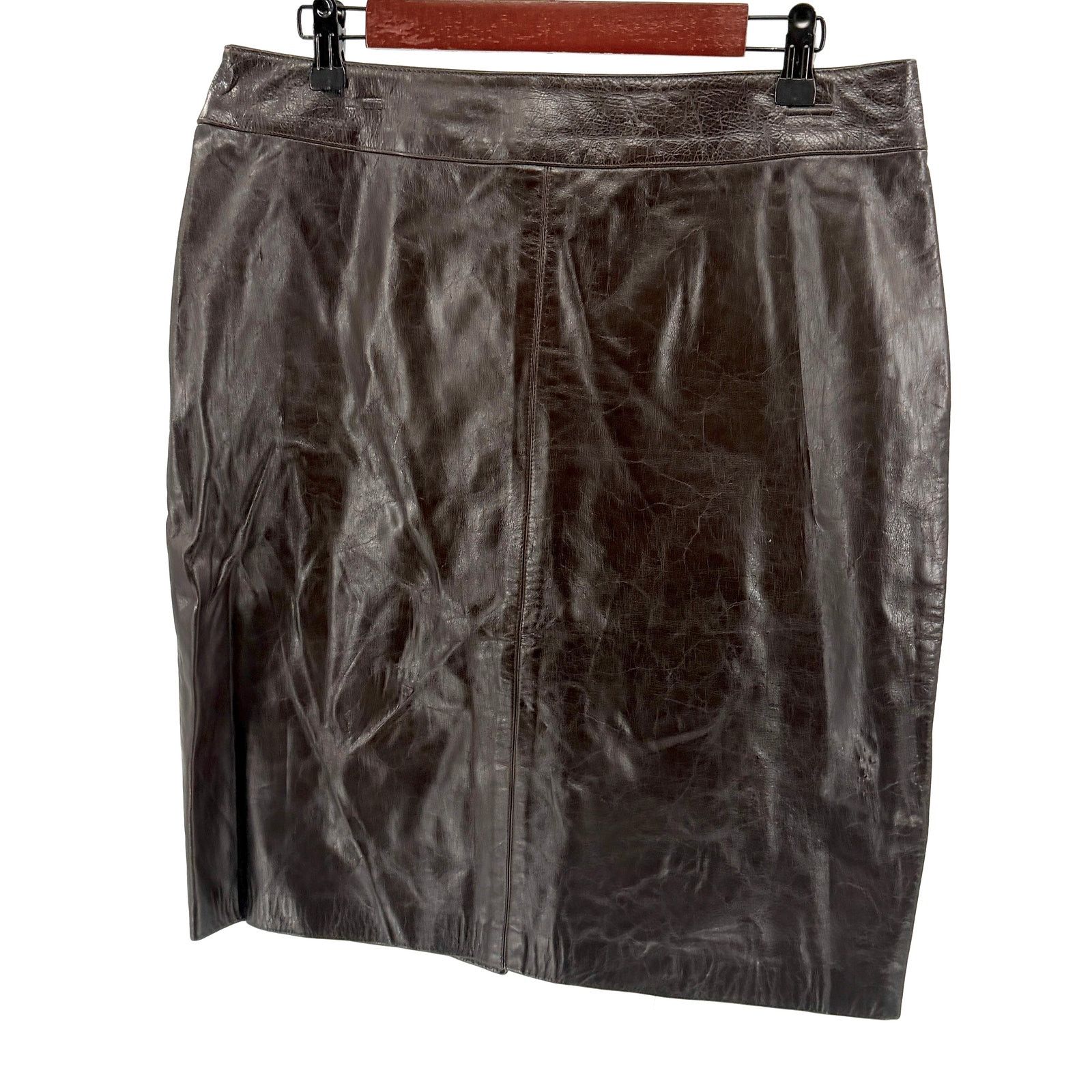 Laundry by Shelli Segal Vintage 90s Chocolate Brown Genuine Leather Pencil Skirt Size 34" / US 12 / IT 48 - 1 Thumbnail