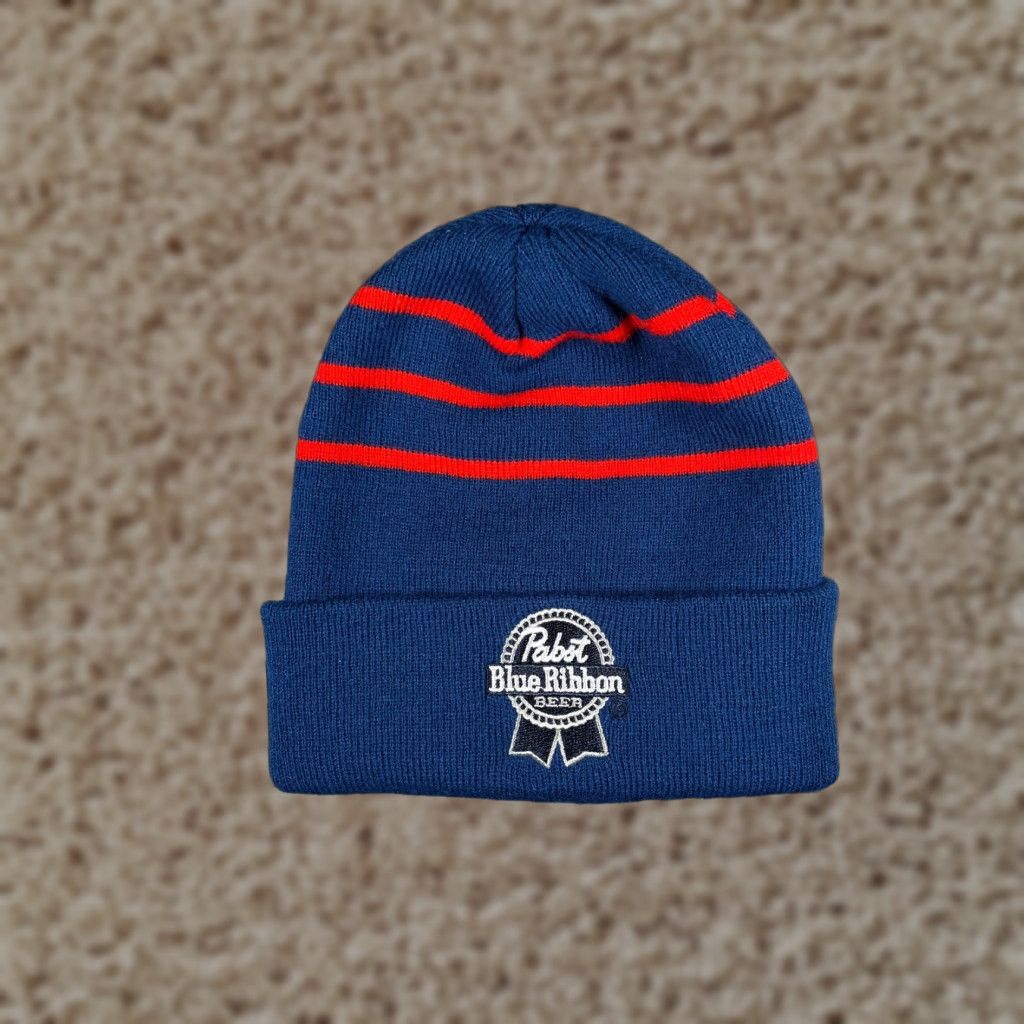 Mad Engine VINTAGE Pabst Blue Ribbon Beanie Mad Engine Beanie Adults One Size Blue Striped Acrylic Knit Beanie Mens Size ONE SIZE - 1 Thumbnail