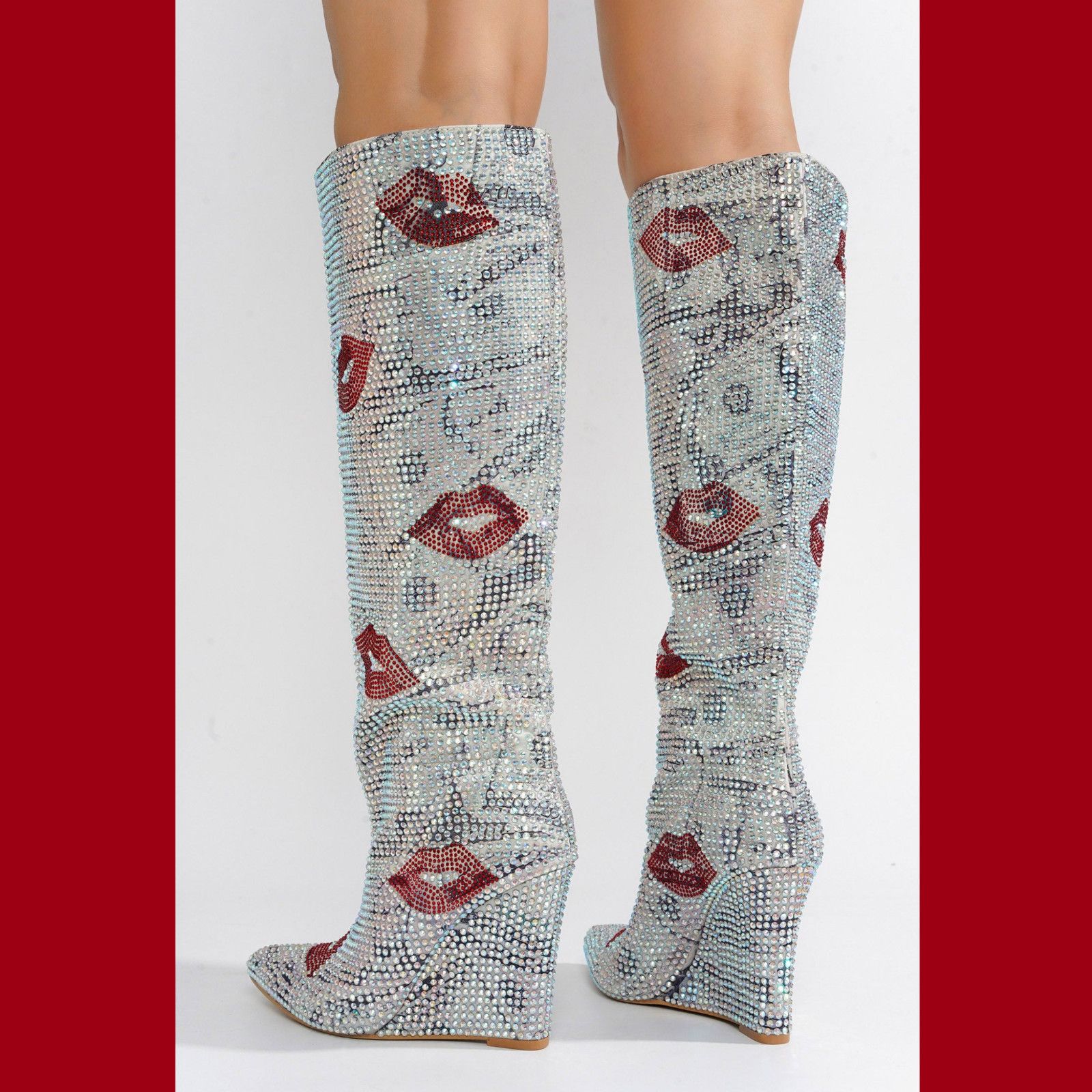 Other Kisses Silver Rhinestone Kiss Print Wedge Heel Knee Boots NE Size US 6 / IT 36 - 4 Thumbnail