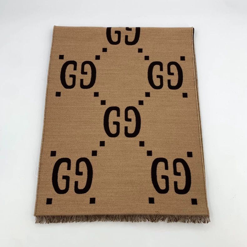 Gucci Brown logo jacquard full-print wool tassel scarf