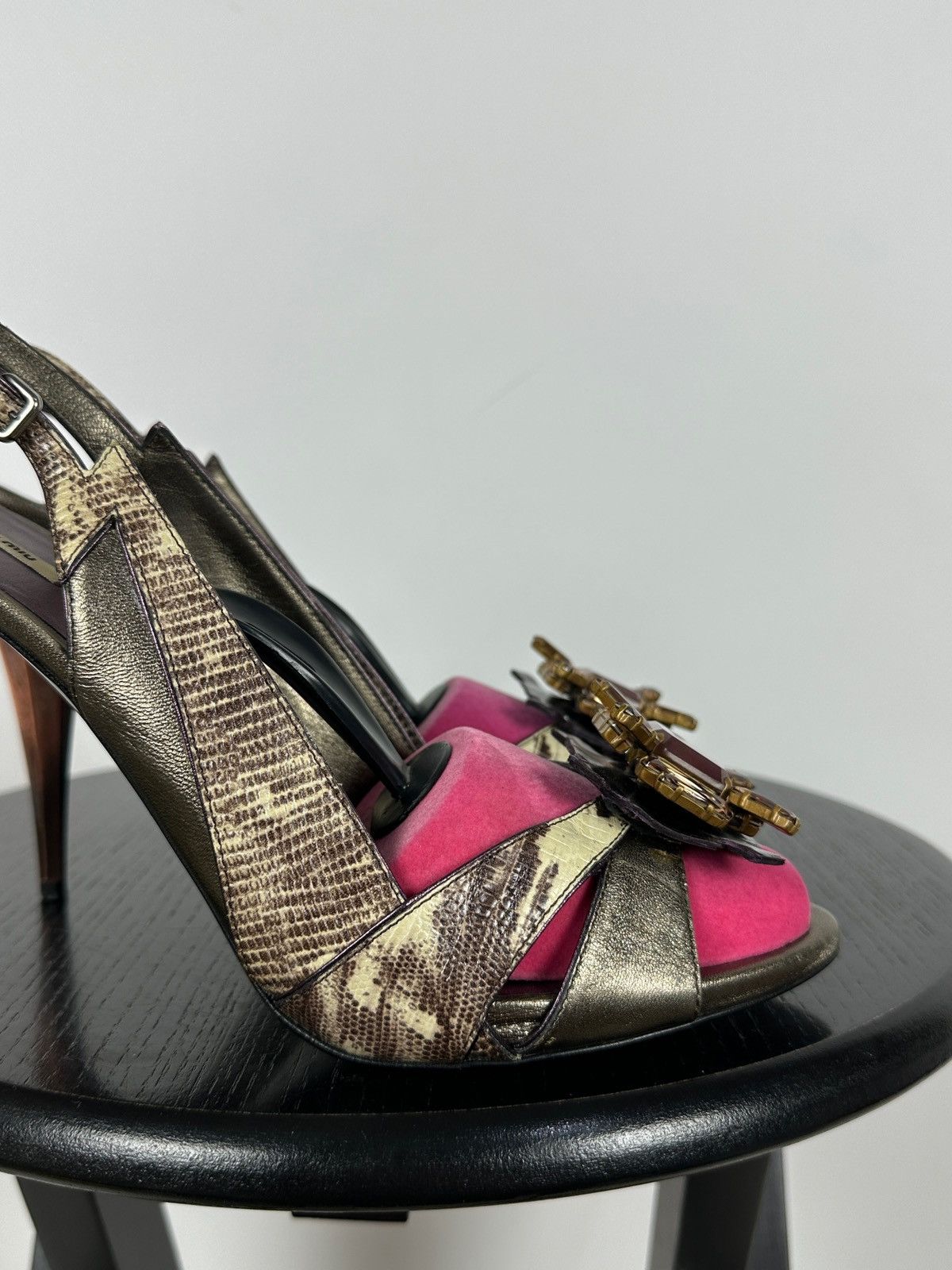 Miu Miu Miu Miu Leather Snakeskin Jewel Slingback Sandals Heels Size US 10 / IT 40 - 14 Thumbnail