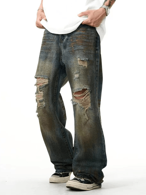 Japanese Brand × Jean Dark blue straight loose American street ripped jeans Size US 32 / EU 48 - 2 Thumbnail