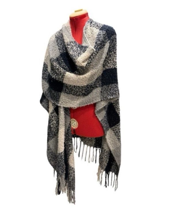 Other Cozy Plaid Fringe Poncho / Wrap / Shawl Black, Gray & Cream Size ONE SIZE - 1 Thumbnail