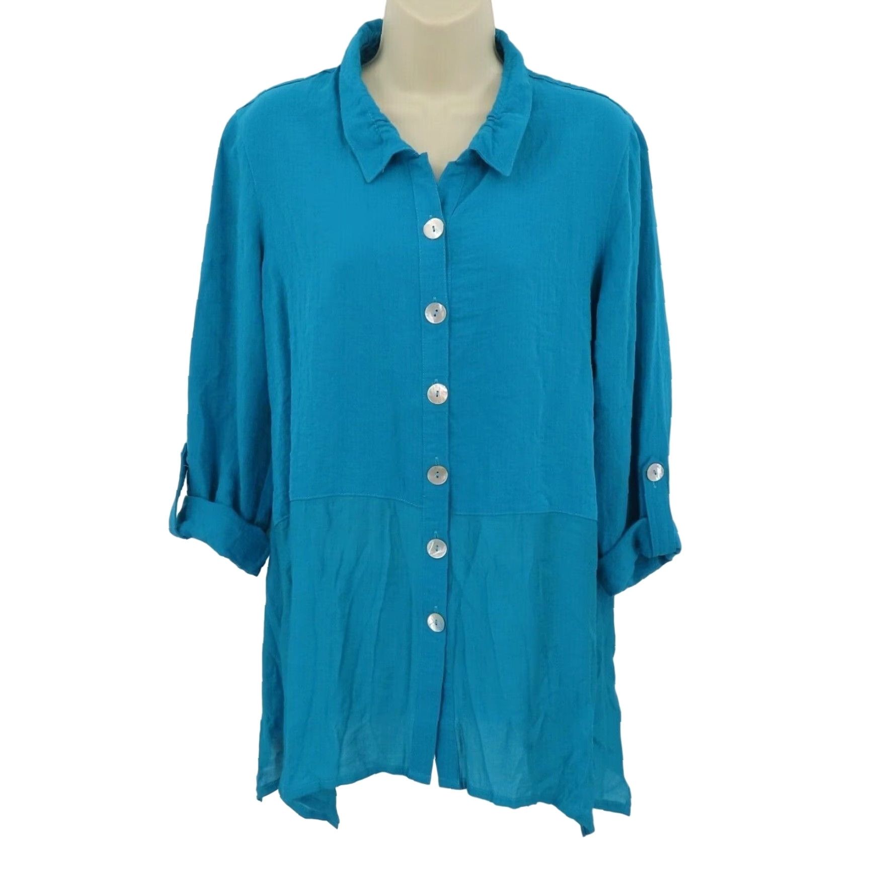 Vintage JOHN MARK Womens Small Blue Collared Lagenlook Flowy Button Front Shirt Blouse Size S / US 4 / IT 40 - 2 Thumbnail