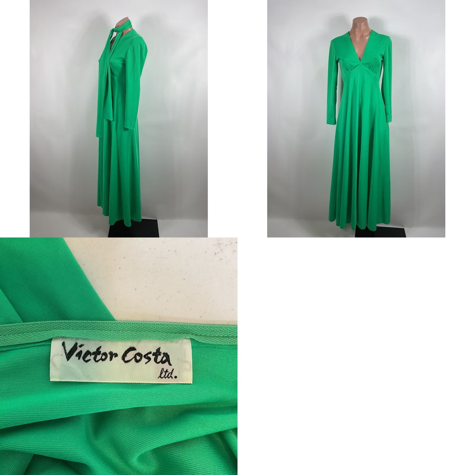 Vintage Victor Costa Maxi Dress Long Sleeve Vintage 60s 70s Kelly Green V-Neck Size 6 Womens Size M / US 6-8 / IT 42-44 - 8 Thumbnail