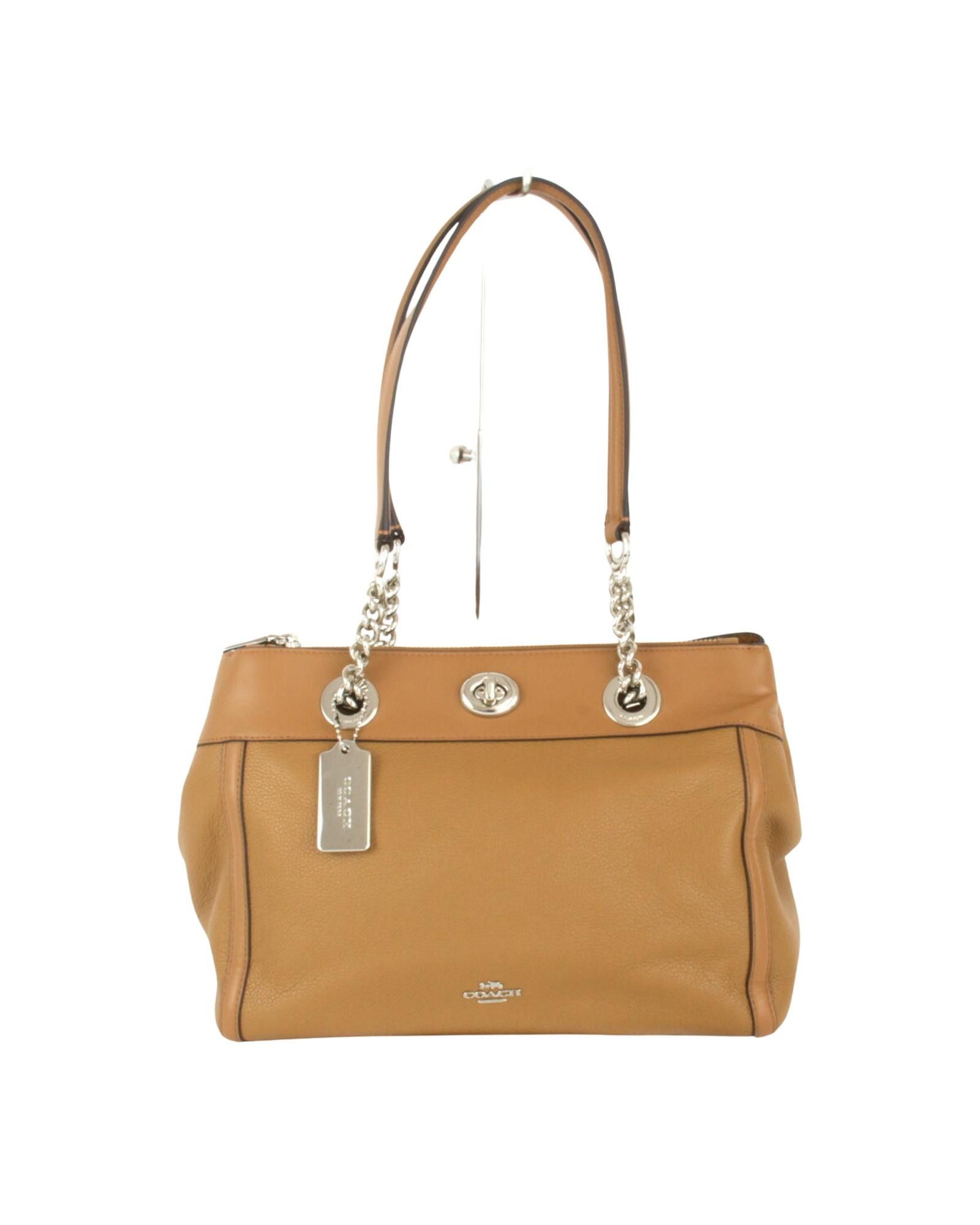 image of Coach Elegant Leather Tote Bag With Practical Pockets in Camel, Women's