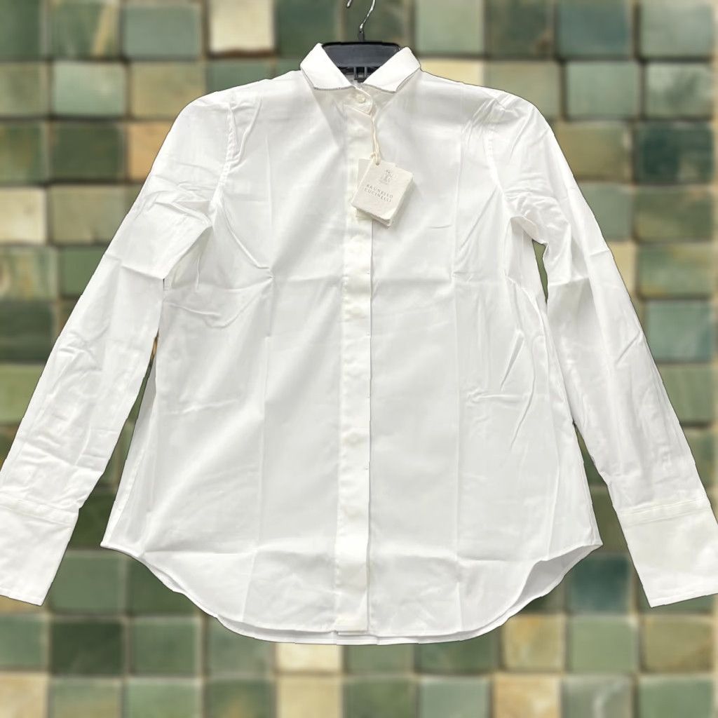 BRUNELLO CUCINELLI Shirt Womens 2XL White Stretch Cotton Poplin Button-Up Collared Long Sleeve