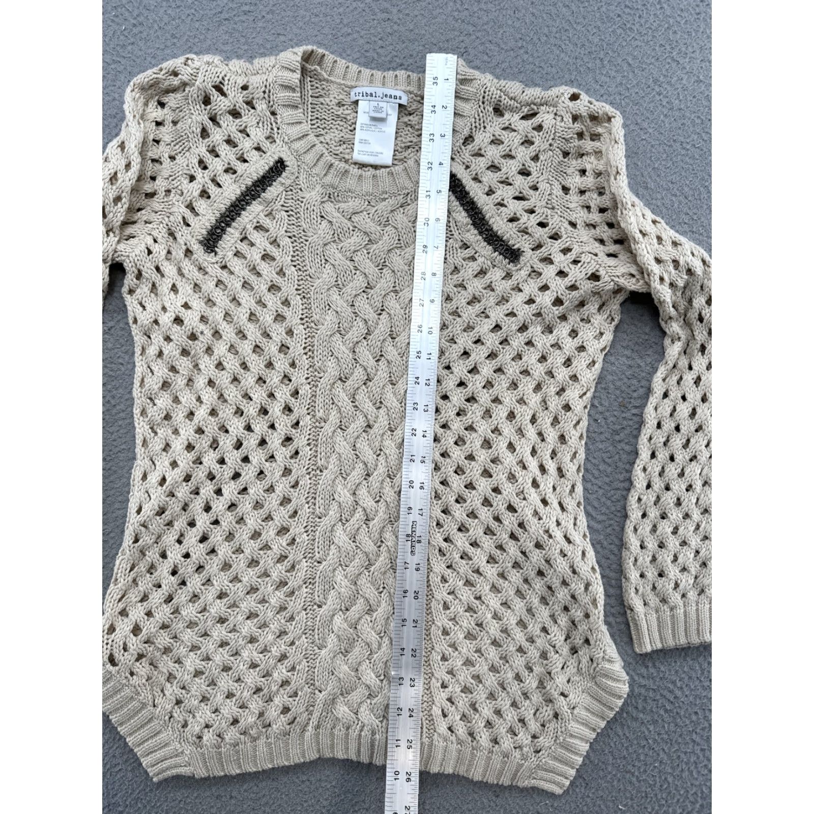 Vintage Tribal Jeans Womens Beige Open-Knit Embellished Long Sleeve Pullover Sweater Size L Size L / US 10 / IT 46 - 6 Thumbnail