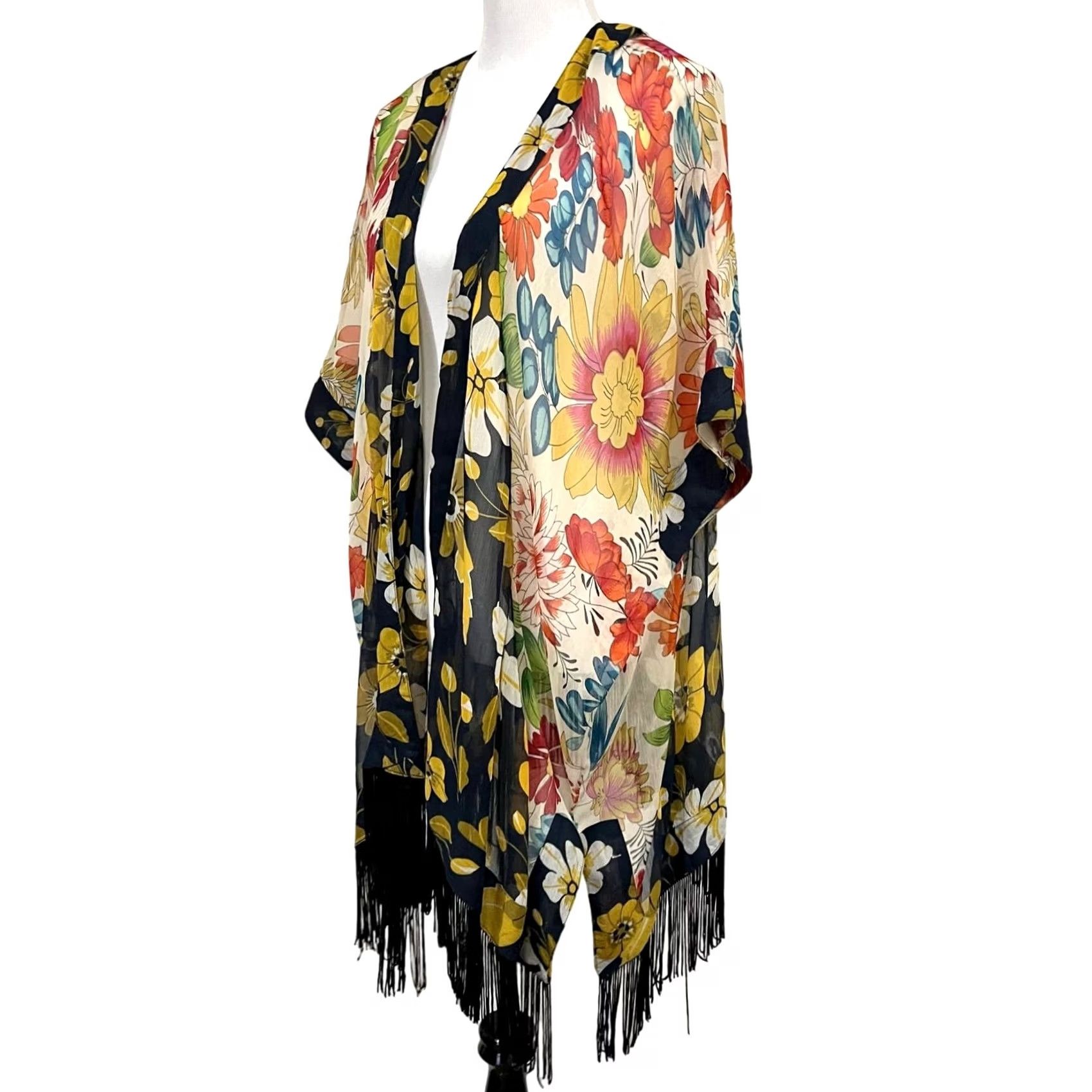 Steve Madden Steve Madden Kimono Cardigan Sheer Floral Butterfly Boho Festival Fringe O/S Women's One Size Multicolor Pattern Florals Cover Up Size ONE SIZE - 3 Thumbnail