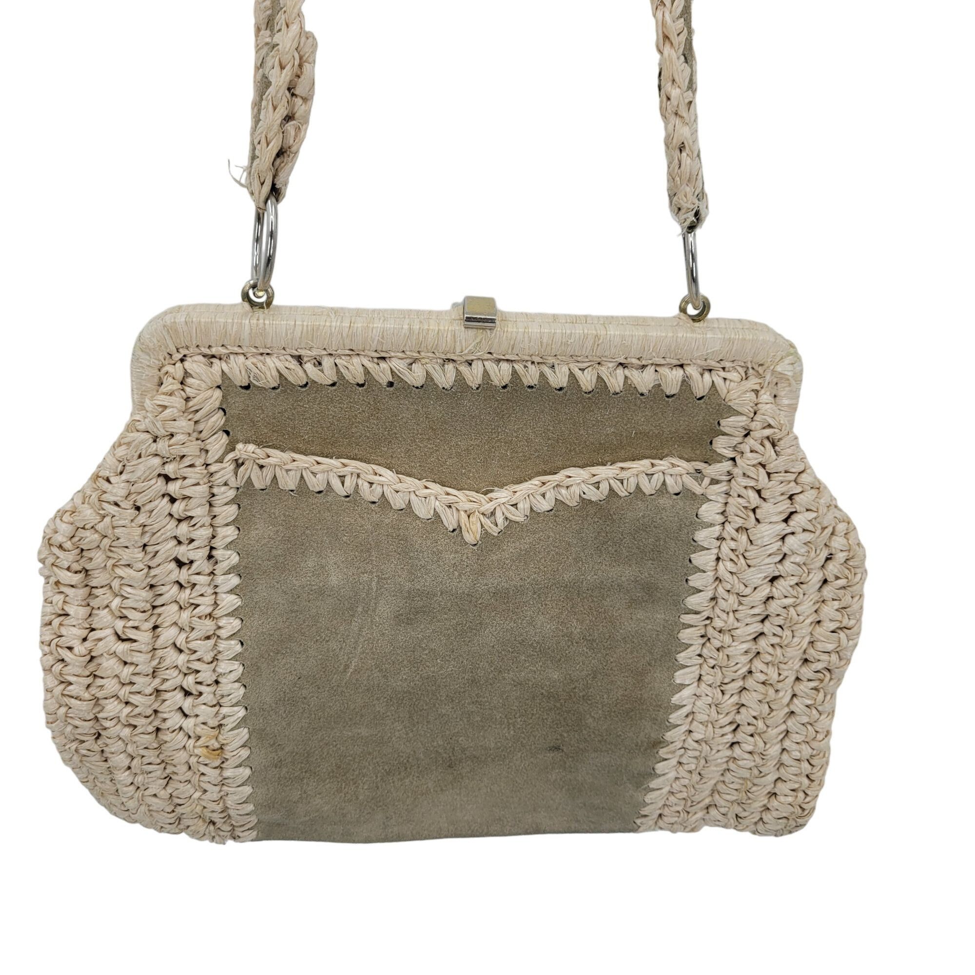 Vintage Vintage Handmade Crochet Macrame Straw Suede Shoulder Bag P Size ONE SIZE - 3 Thumbnail