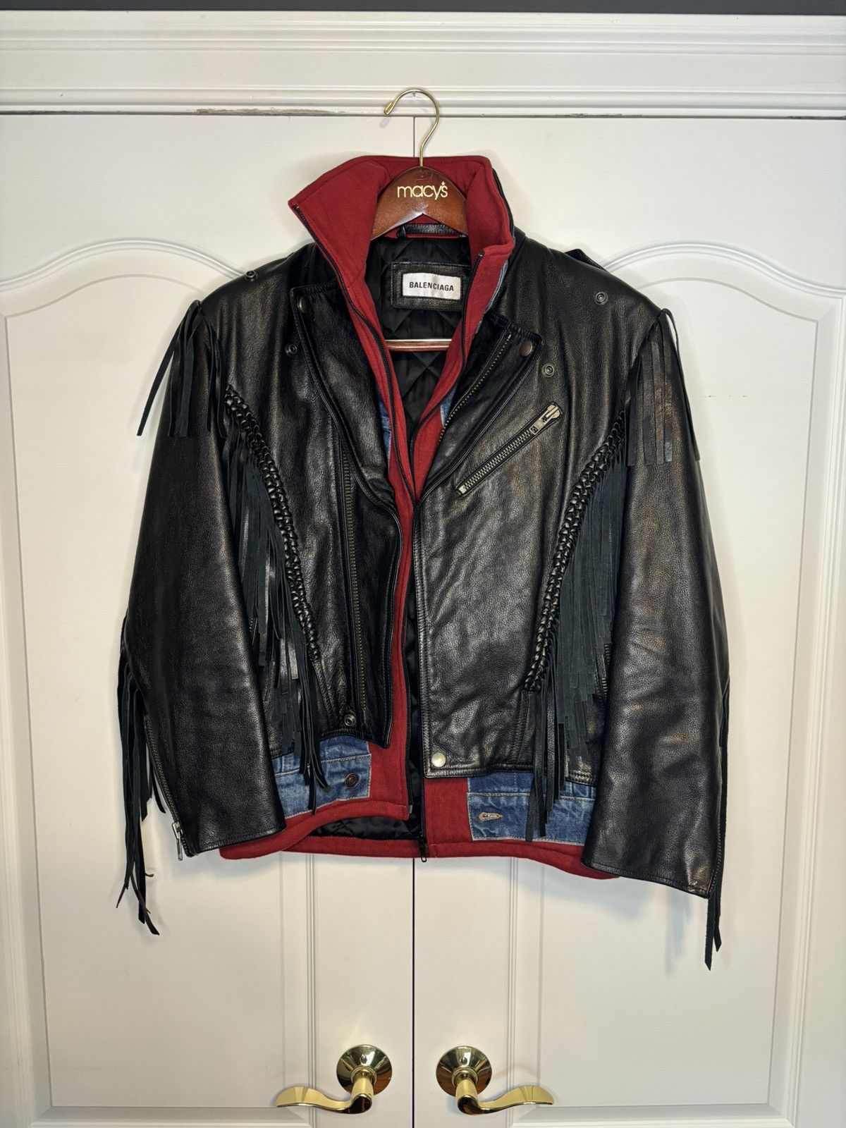 image of Balenciaga 3 Layer Leather Denim Fleece Jacket in Black, Men's (Size Medium)