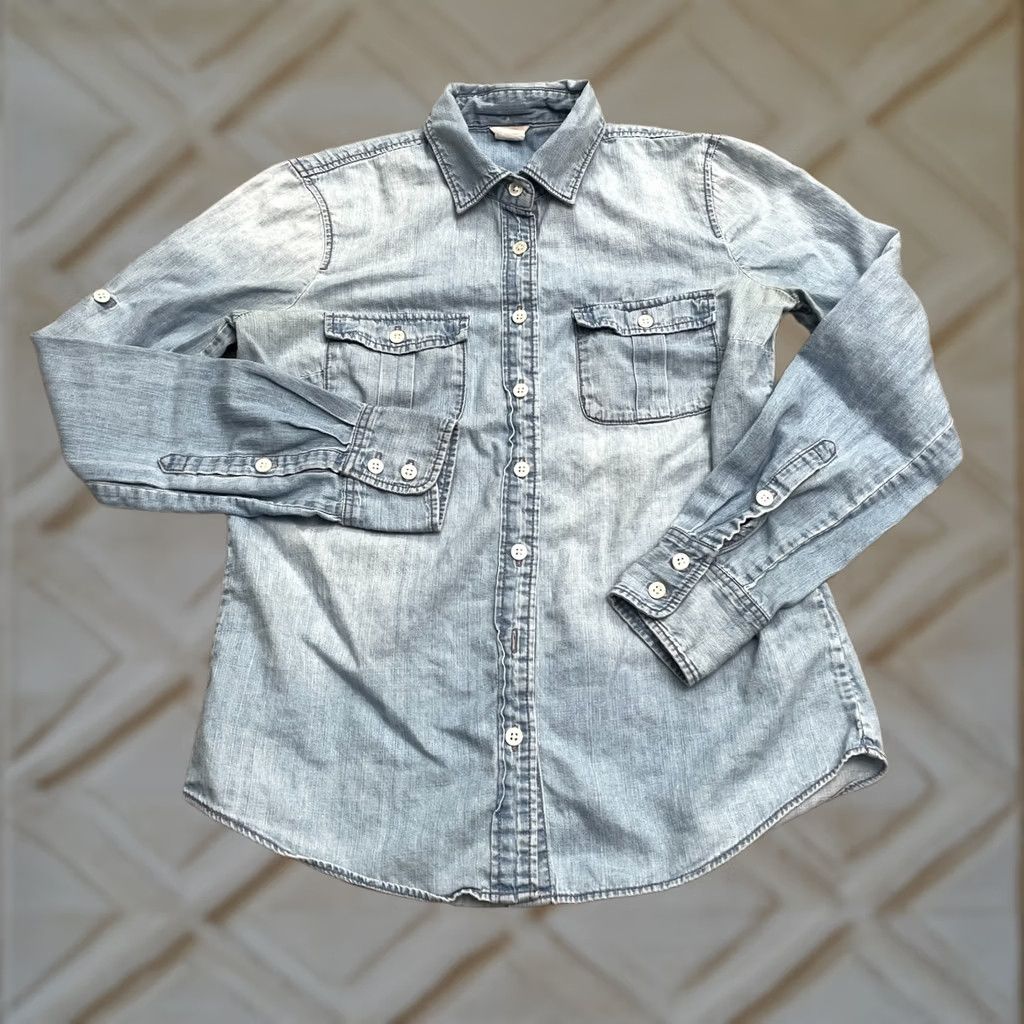 J.Crew J. Crew Chambray Western Shirt Womens 00 Blue Long Sleeve Cotton Top Size XXS / US 00 / IT 34 - 1 Thumbnail