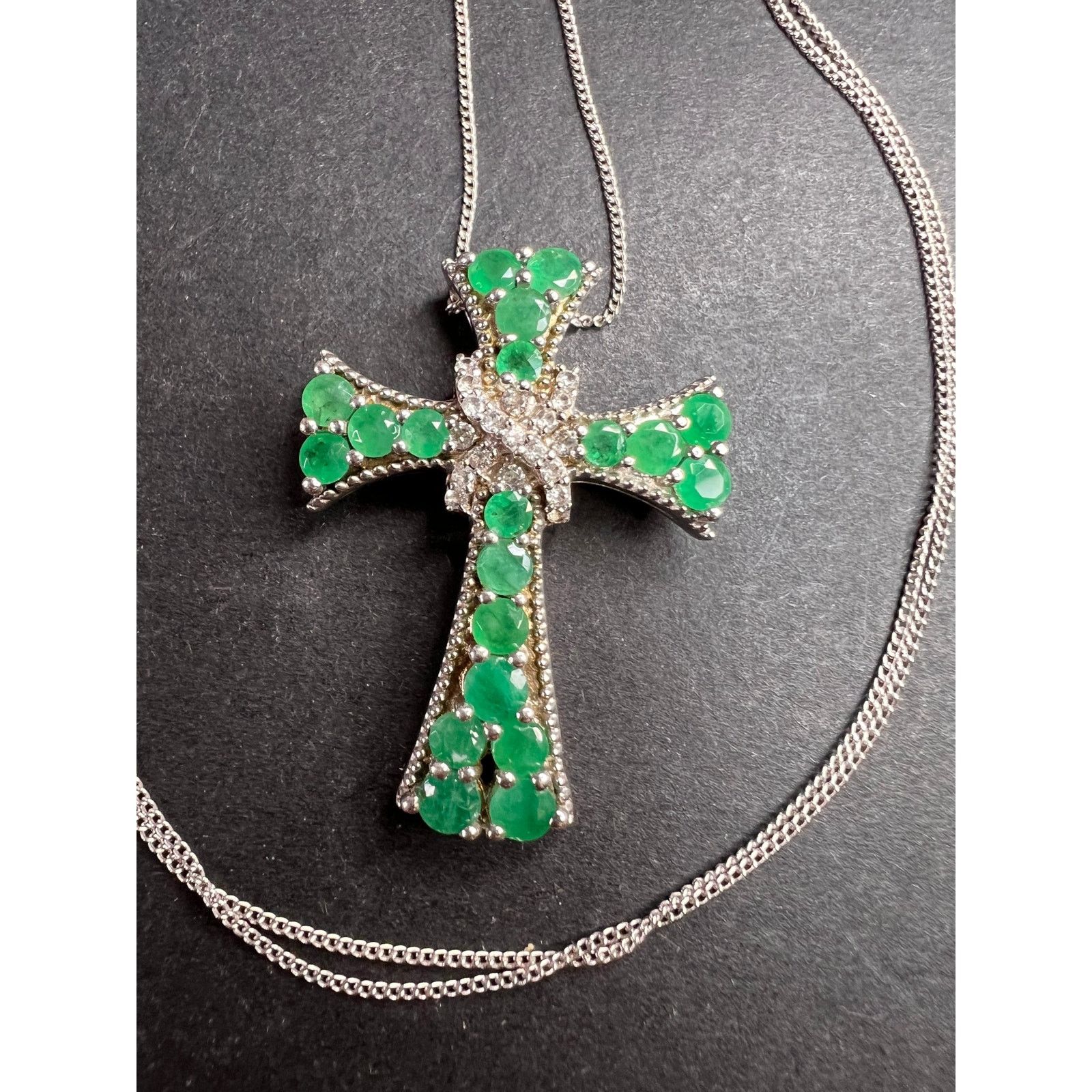 Other Emerald and zircon 925 silver cross pendant with chain Size ONE SIZE - 1 Thumbnail