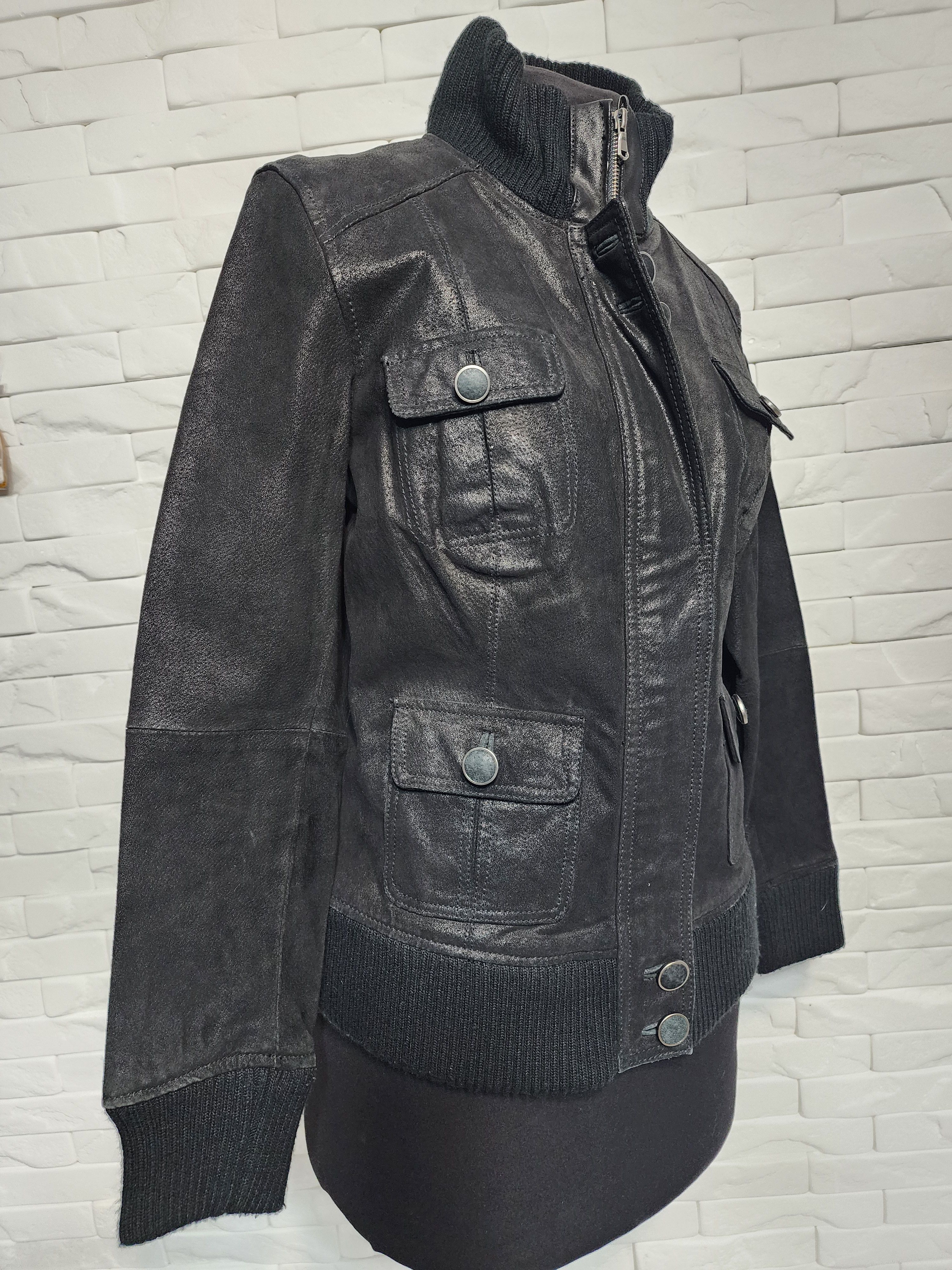Other Black Leather Zip-Up Jacket: Women's Knitted Trim Sportswear Size L / US 10 / IT 46 - 3 Thumbnail