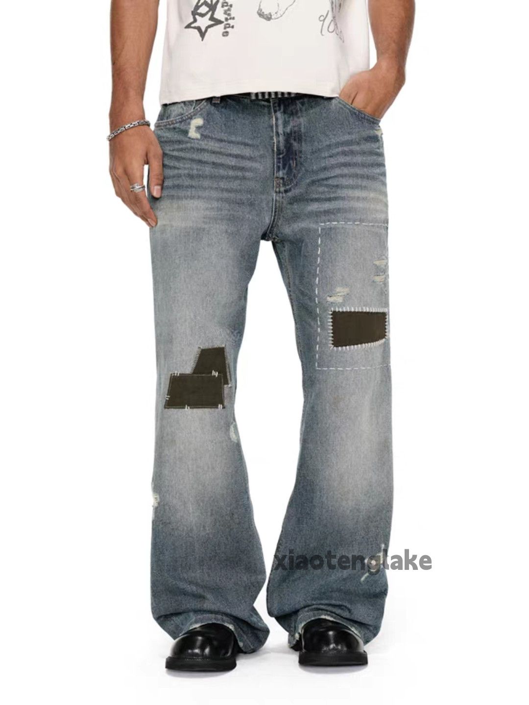 Vintage Unisex washed faded loose baggy skate hiphop patch jeans Size US 32 / EU 48 - 2 Thumbnail