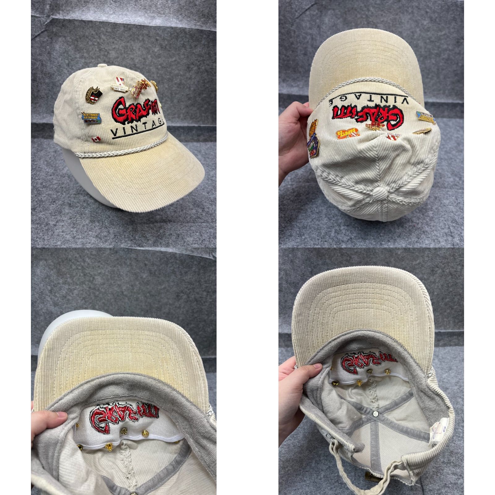 Vintage Grafitti Vintage Hat Cap Strap Back Adult OS Ivory Cotton Corduroy Rope w/Pins Size ONE SIZE - 8 Thumbnail