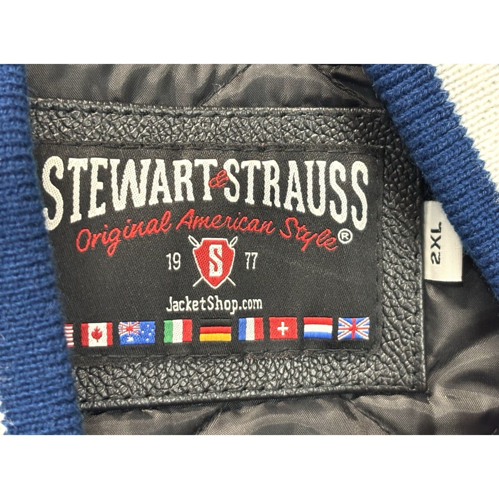 Vintage VINTAGE Stewart & Strauss Varsity Jacket Leather 2XL Blue White Wool Blend Short Snap Mens Size US XXL / EU 58 / 5 - 5 Thumbnail