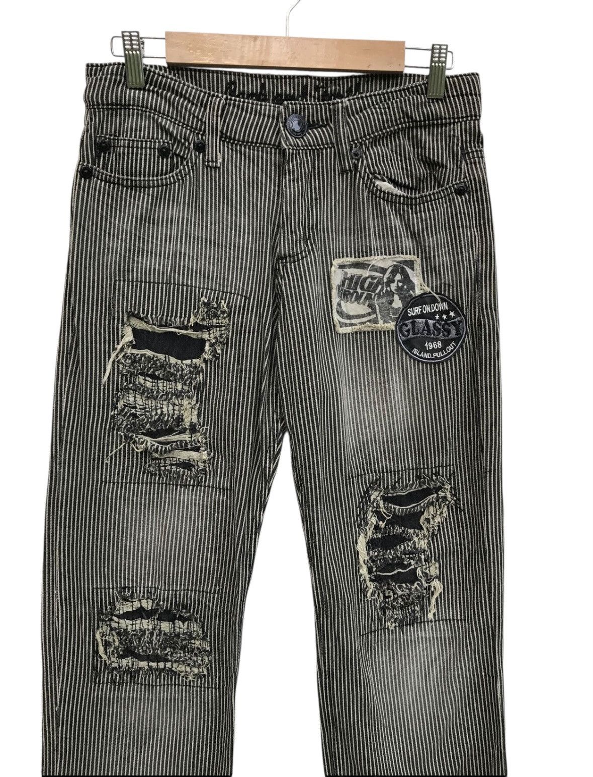 Japanese Brand Stripe Distressed Patches Casual Pants Workers Style Size US 29 - 2 Thumbnail