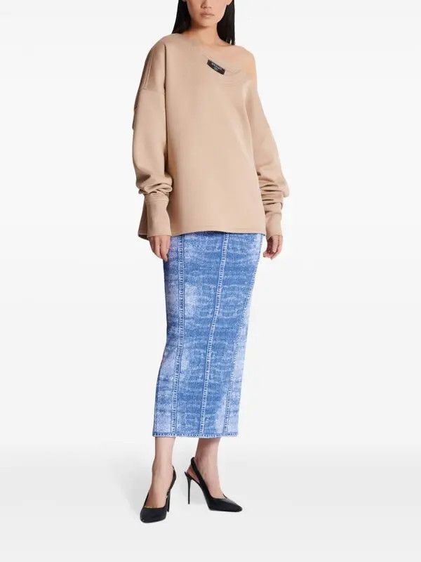 Balmain o1s1wg111225 Asymmetric Off-Shoulder Sweatshirt in Beige Size L / US 10 / IT 46 - 2 Thumbnail
