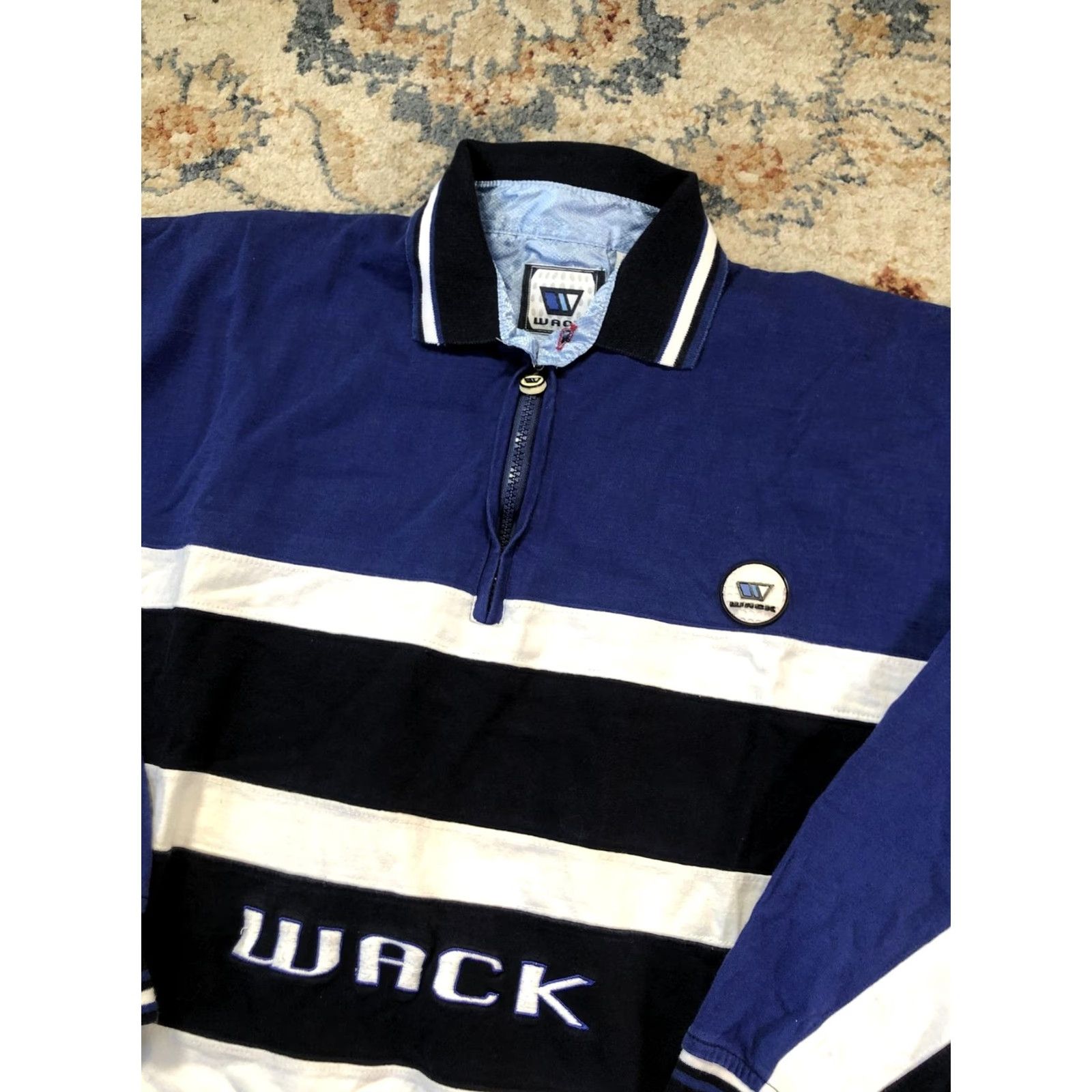 Vintage Wack Polo Shirt XL Mens Blue White Stripe Hockey Graphic 1/4 Zip Long Sleeve Polo Shirt Size US XL / EU 56 / 4 - 6 Thumbnail