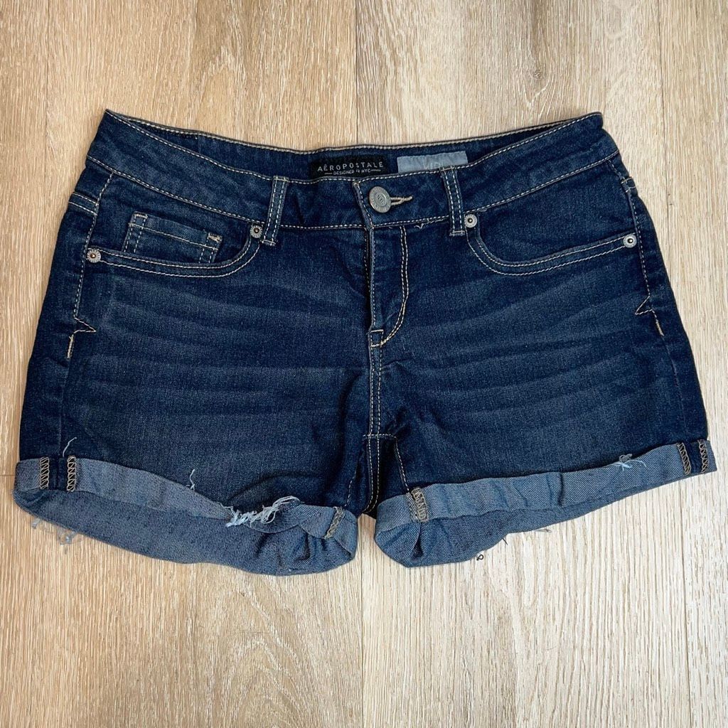 Aeropostale Aeropostale Midi Dark Whiskered Wash Denim Cuffed Shorts Con Size 27" / US 4 / IT 40 - 9 Thumbnail