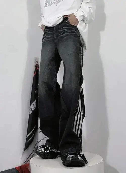 Japanese Brand striped pattern zip embellished jeans Size US 31 - 2 Thumbnail