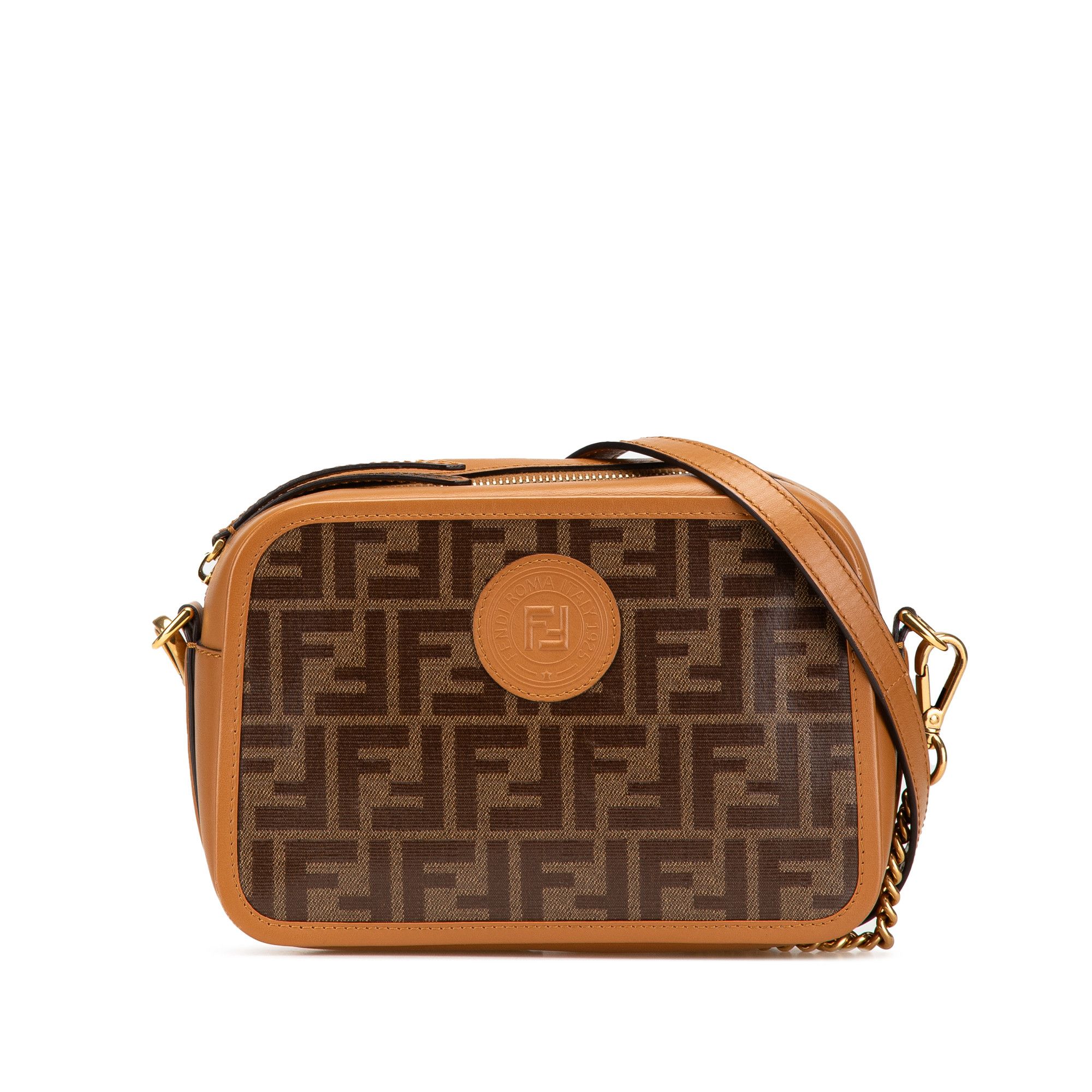 Fendi Glazed Fabric Vitello Century Ff 1974 Camera Bag in Brown, Women's