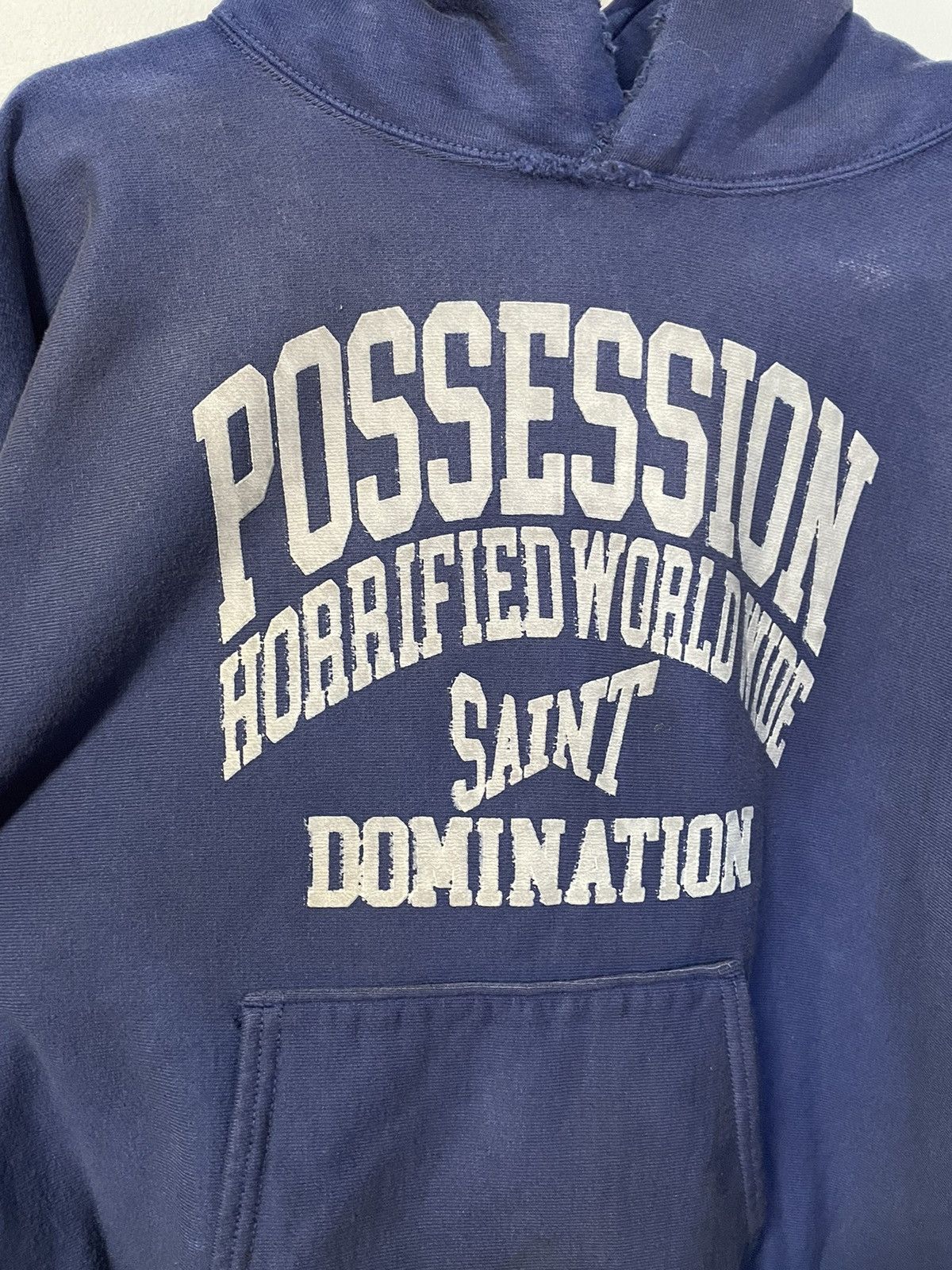 image of Saint Michael Posession Distressed Hoodie in Blue, Men's (Size Small)