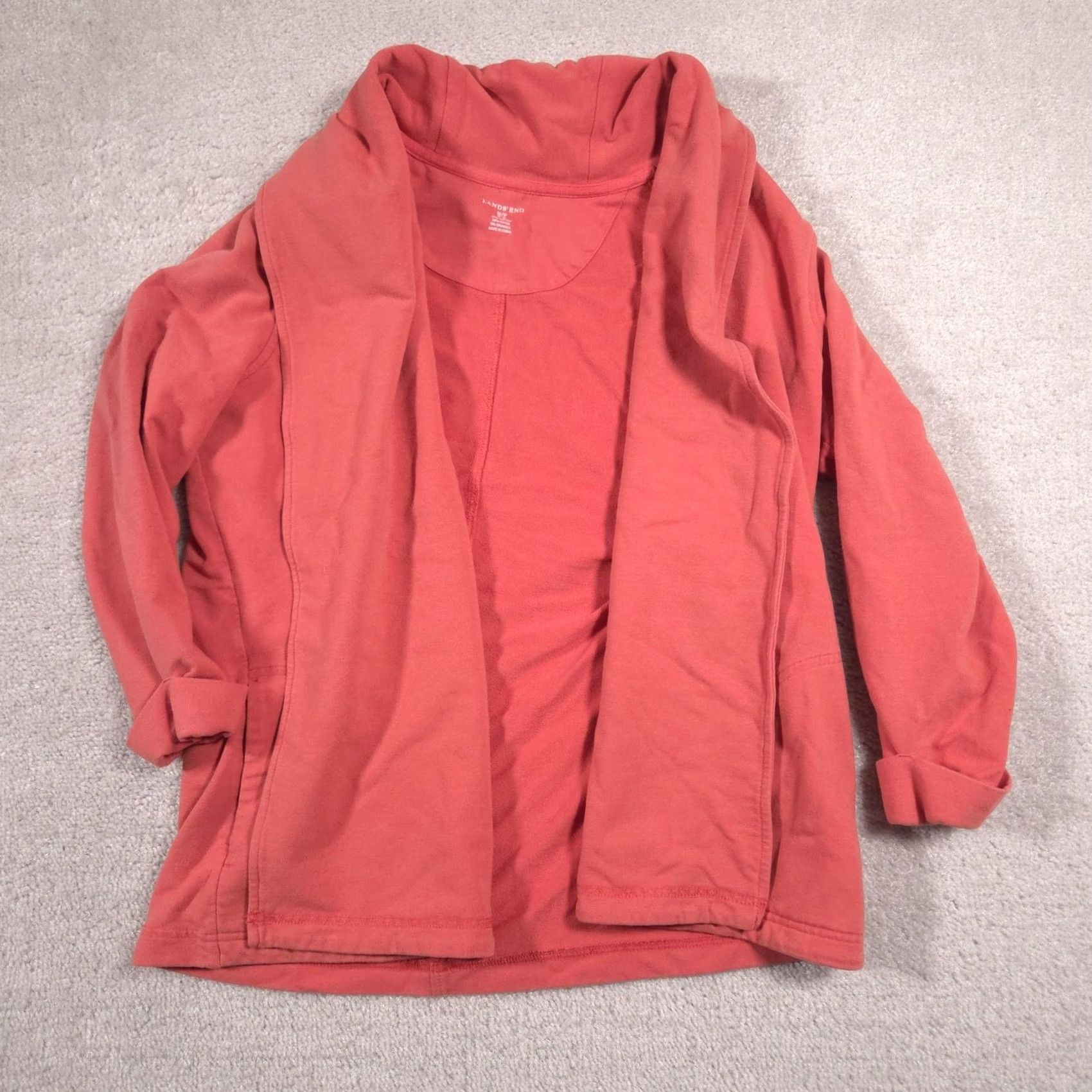 Lands' End Lands' End Jacket Womens Petite Medium Orange Knit Open Front Pockets Collar Size M / US 6-8 / IT 42-44 - 2 Thumbnail