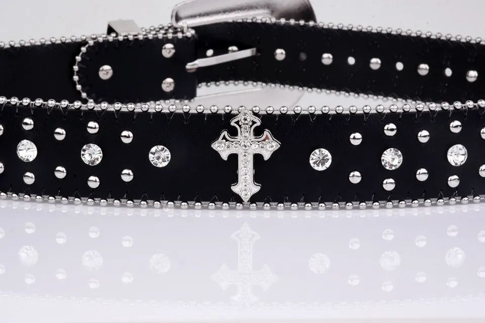 Japanese Brand × Leather Black Cross Rivet Belt Engraved Buckle Rhinestone Size ONE SIZE - 2 Thumbnail
