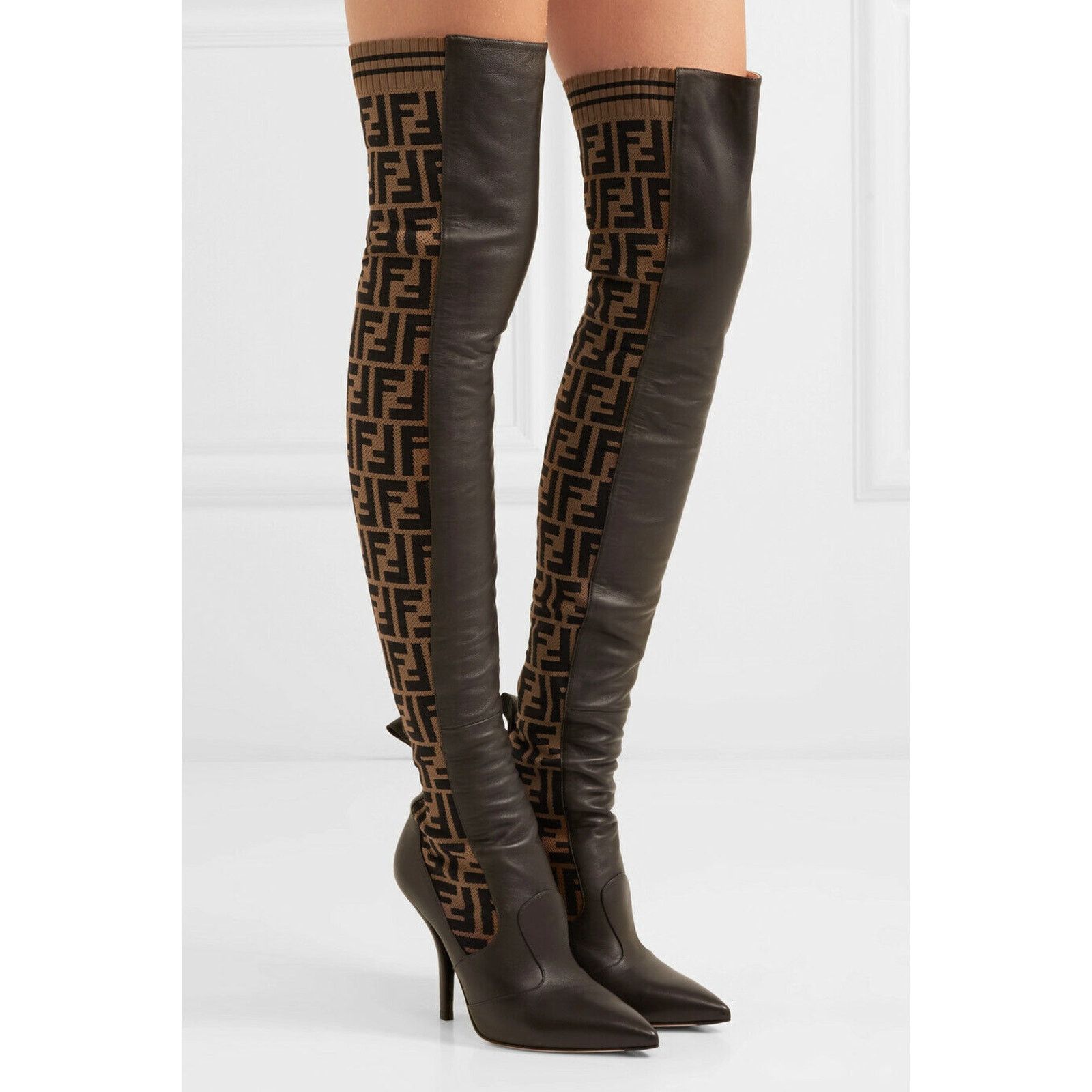 Fendi Fendi Rockoko Brown FF Logo Stretch Knit Sock Thigh High Size US 5 / IT 35 - 2 Thumbnail